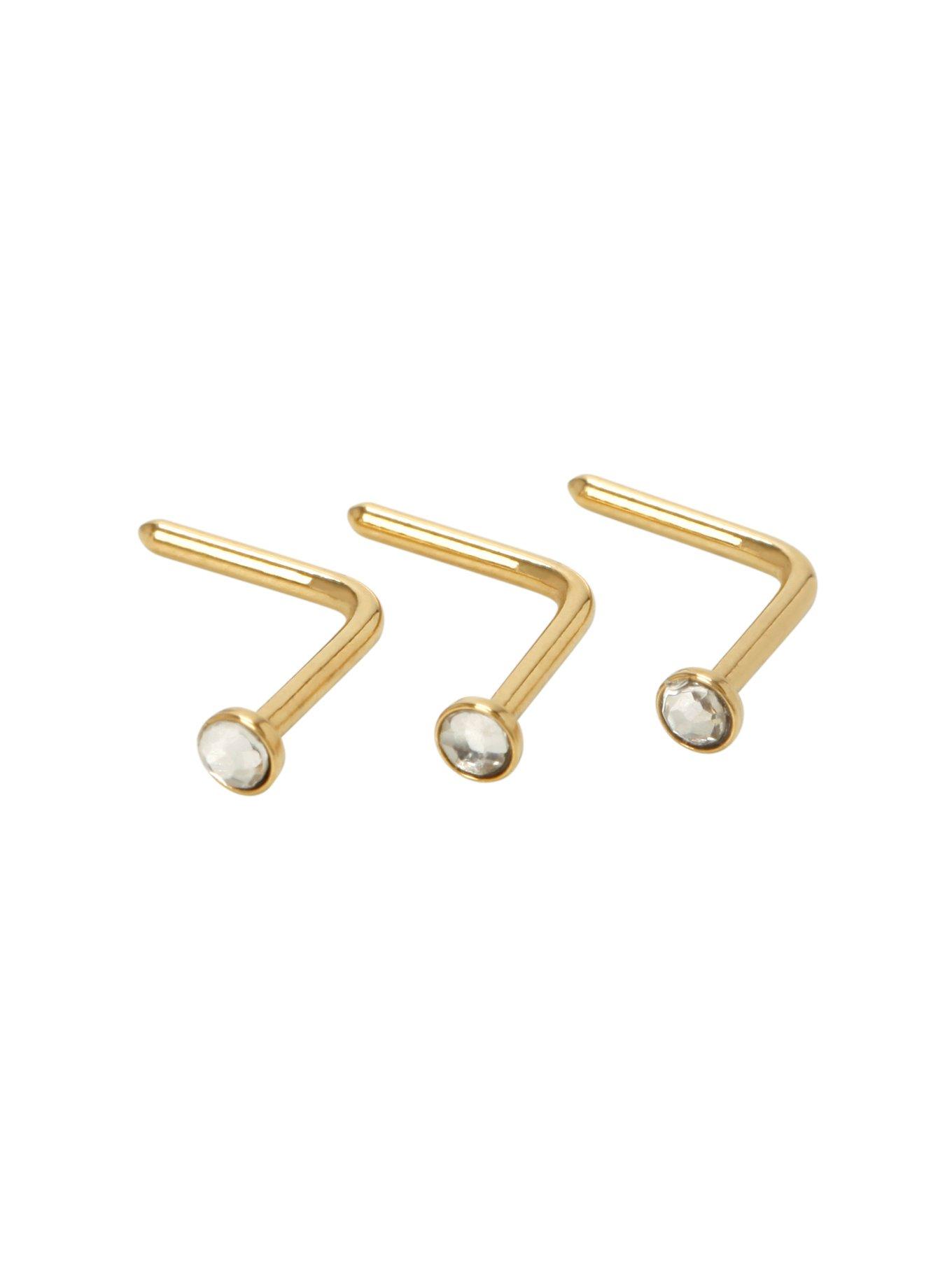 Steel 14kt Gold Plated CZ L-Shape Nose Bone 3 Pack, GOLD, hi-res