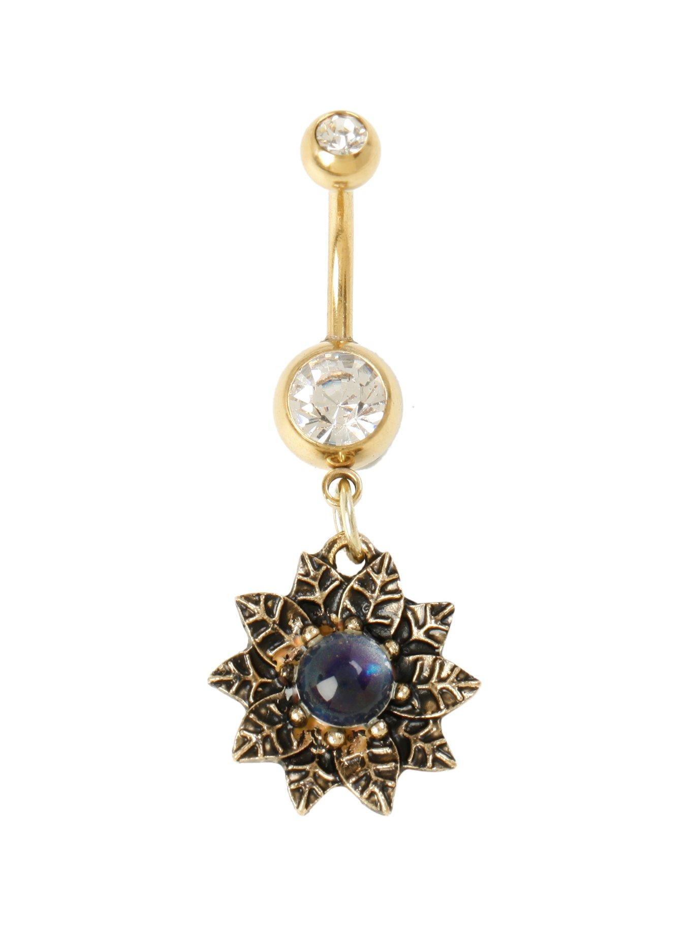 14G Steel Gold Mood Flower Navel Barbell, , hi-res