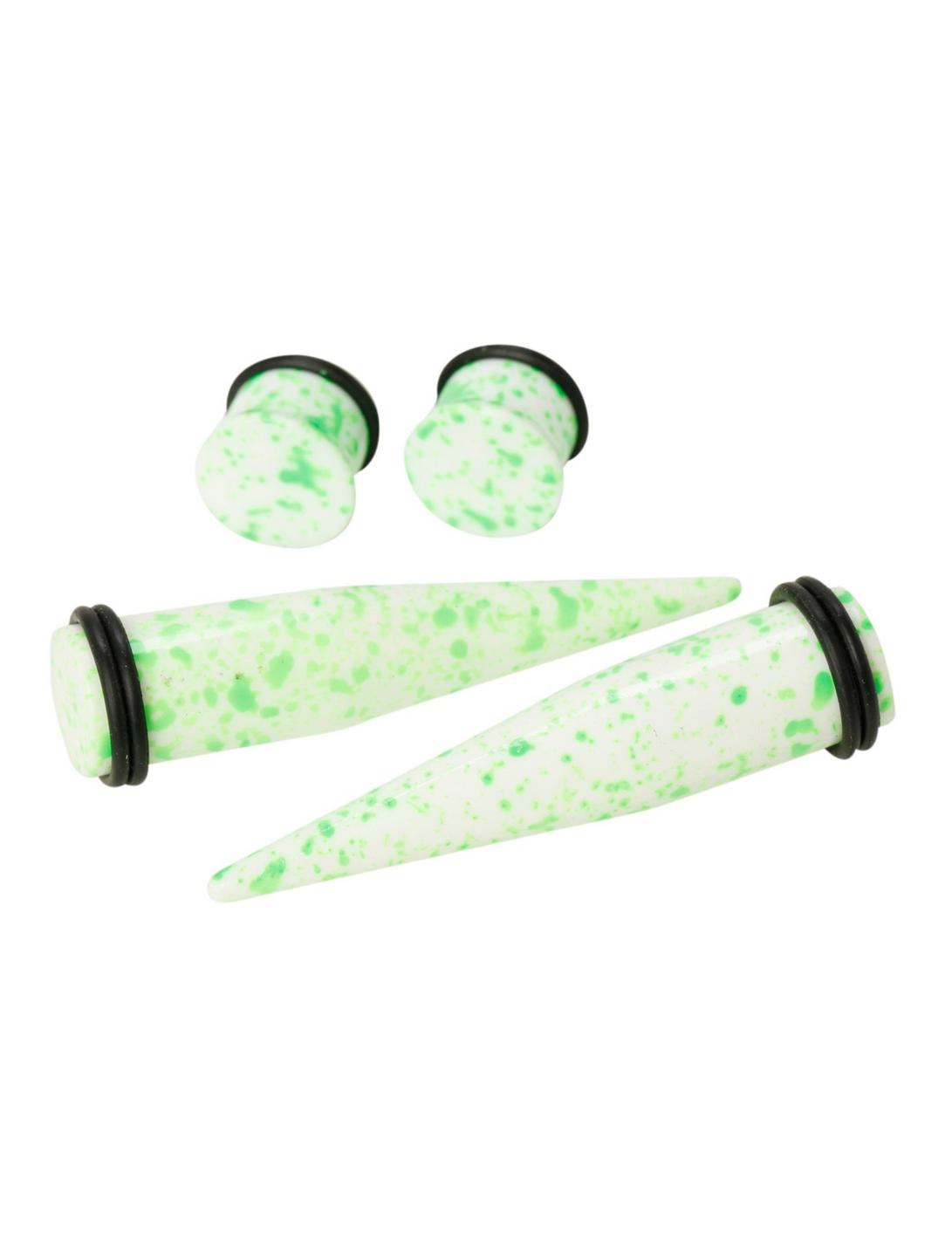 Acrylic White Neon Green Splatter Taper And Plug 4 Pack, , hi-res
