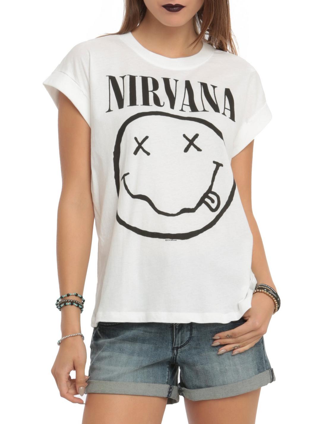 Nirvana Smiley Girls Boyfriend T-Shirt, WHITE, hi-res