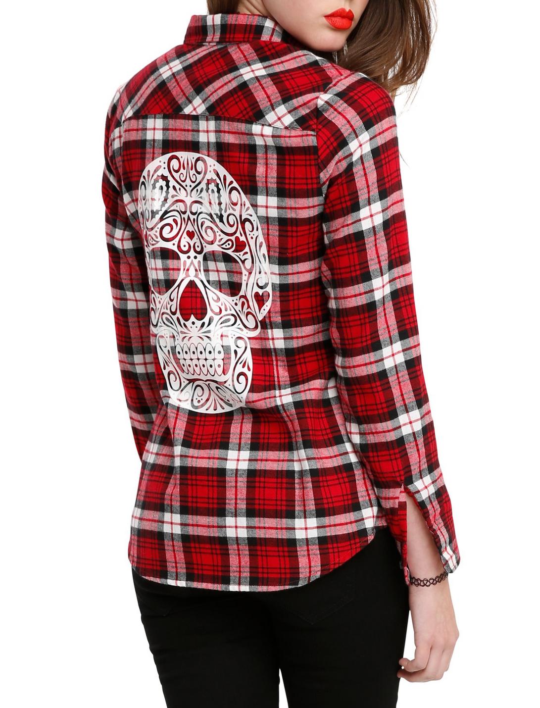 Red Plaid Sugar Skull Girls Woven Top, RED, hi-res
