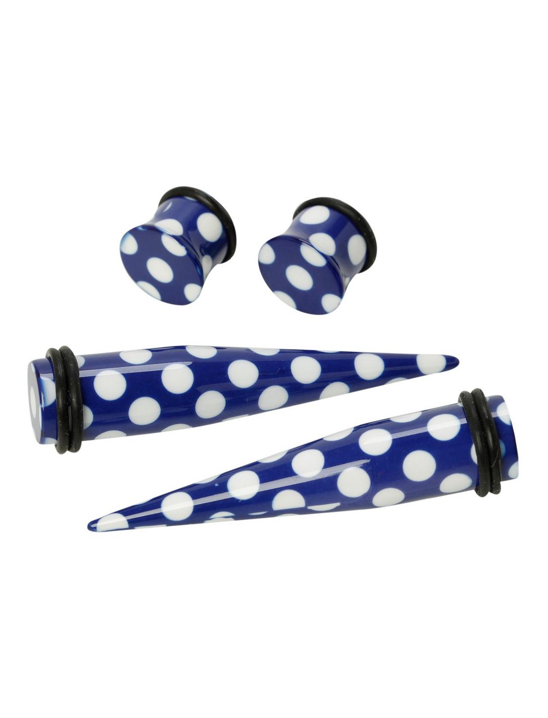 Acrylic Blue & White Polka Dot Taper & Plug 4 Pack, BLACK, hi-res