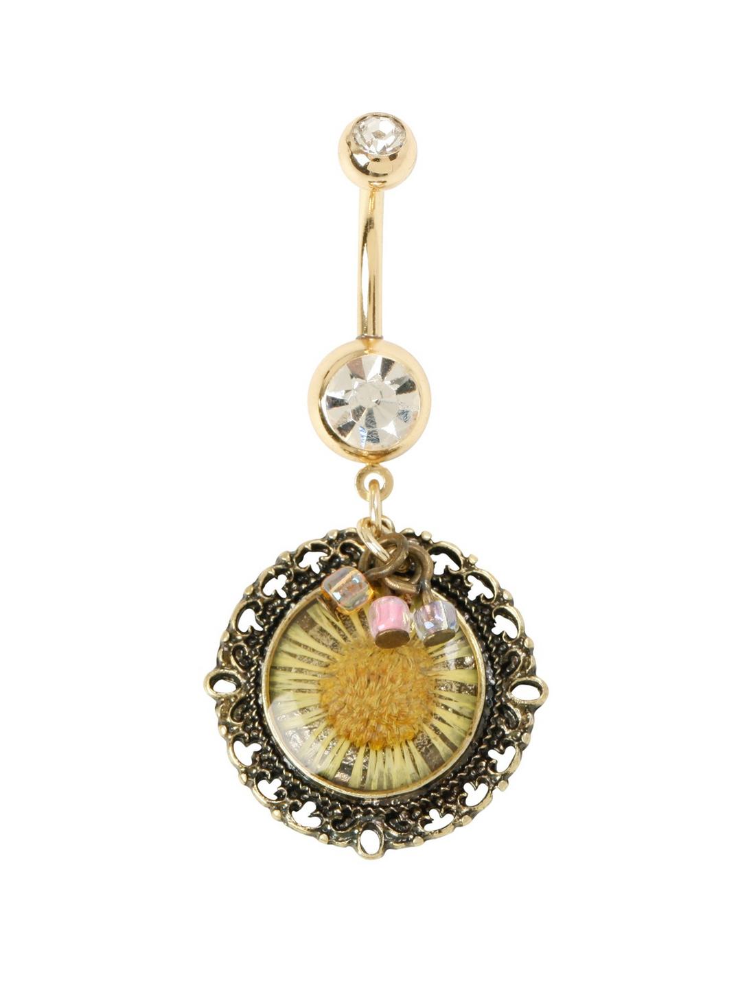 14G Gold Dried Daisy Cameo Dangle  Curved Navel Barbell, , hi-res