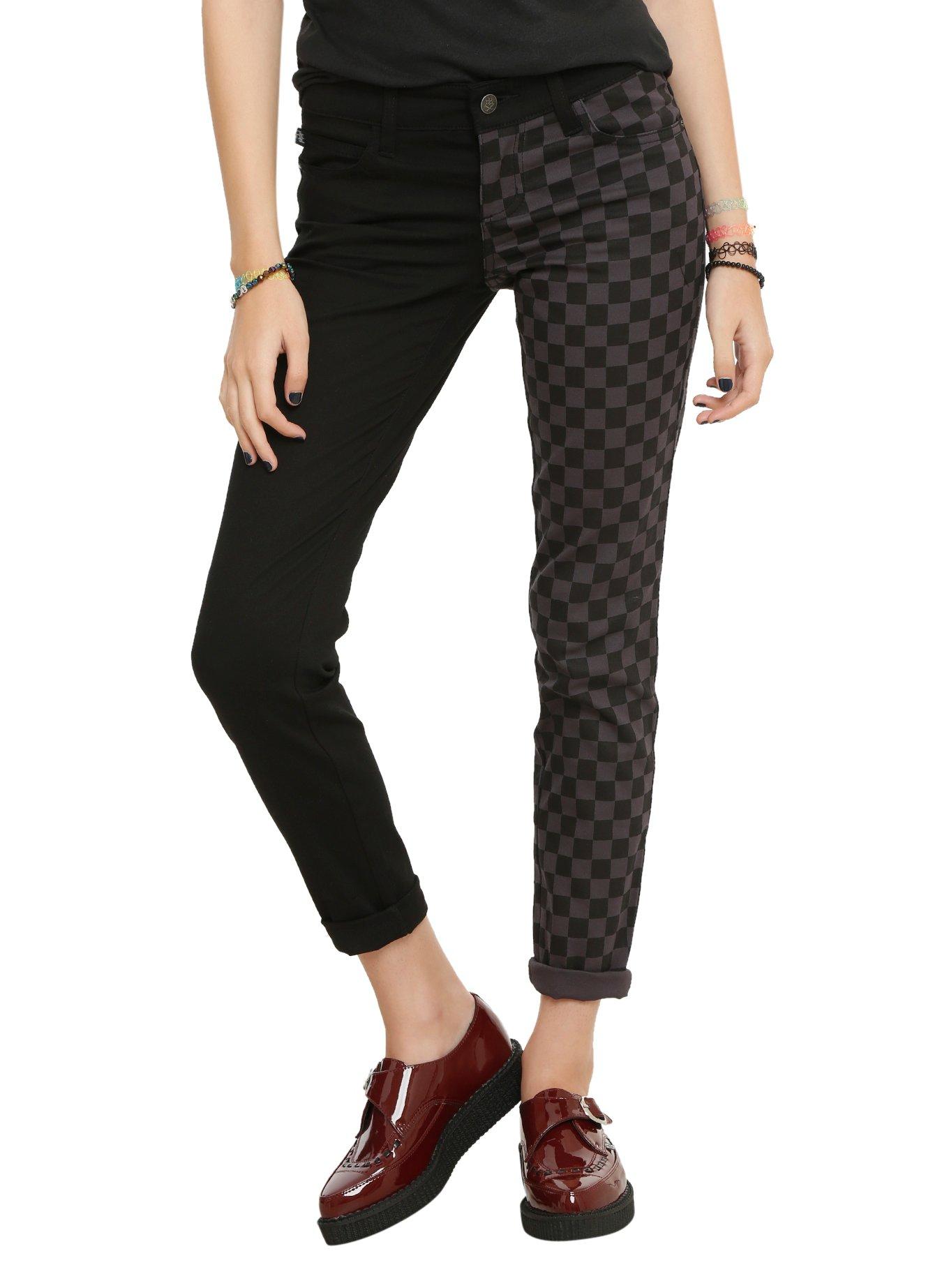 Royal Bones By Tripp Black & Grey Checkered Split Leg Skinny Jeans, BLACK, hi-res