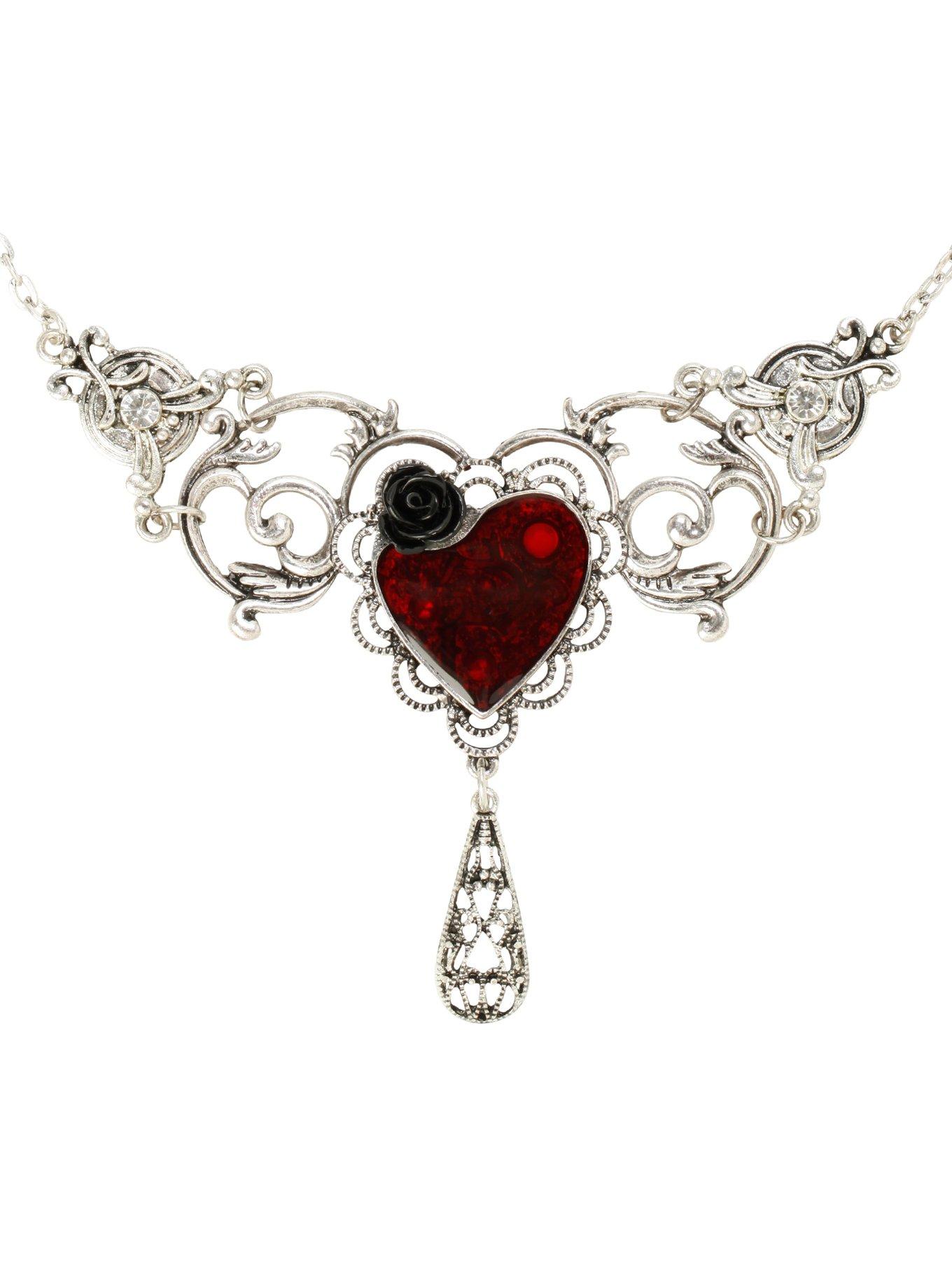 LOVEsick Red Heart Black Rose Statement Necklace, , hi-res