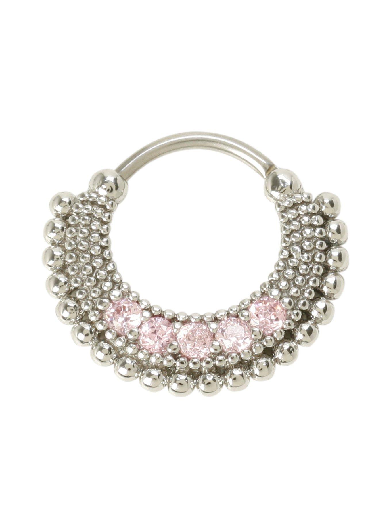 16G Steel Pink CZ Bead Septum Ring, , hi-res