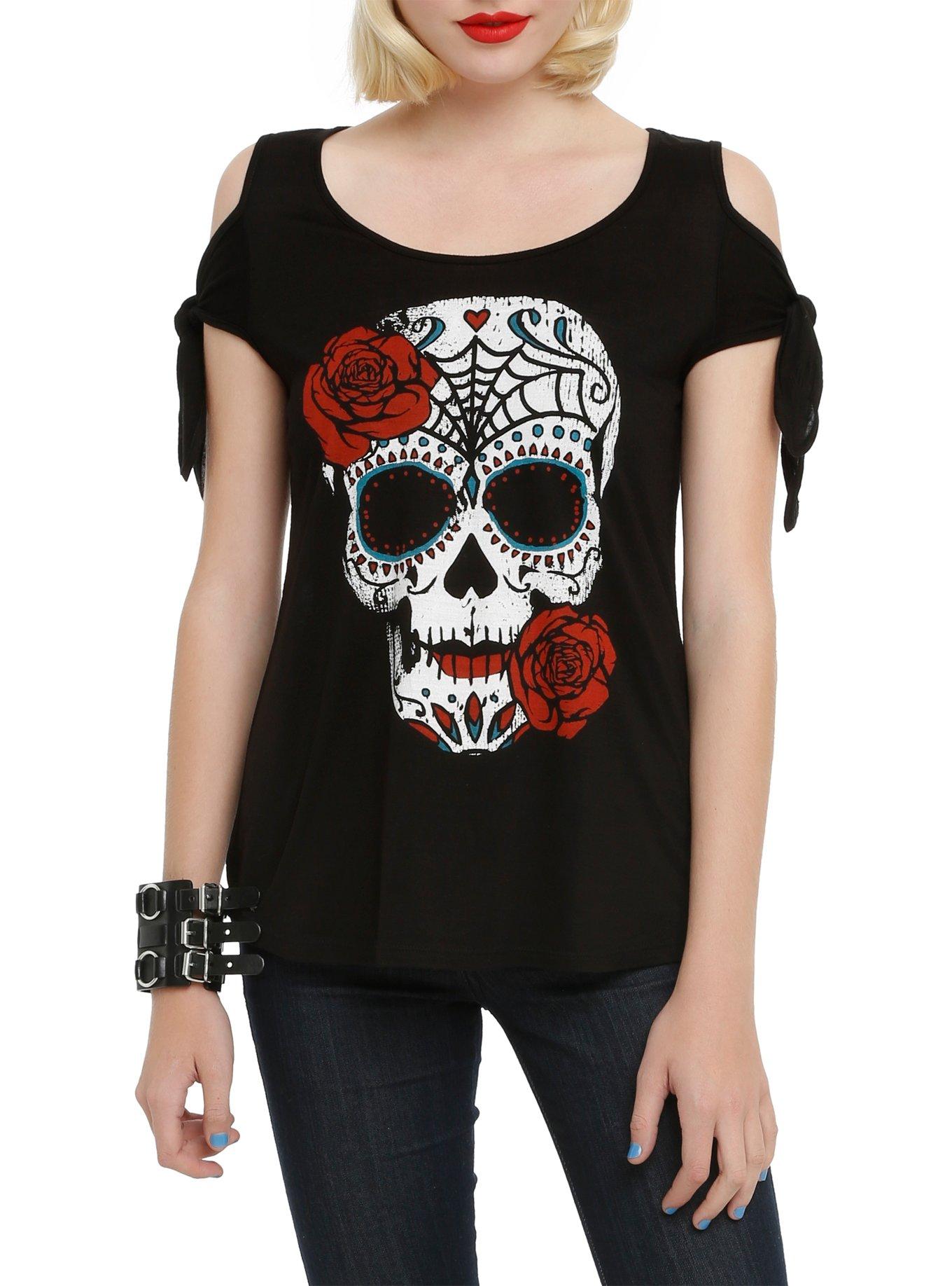 Sugar Skull Rose Cold Shoulder Top, BLACK, hi-res
