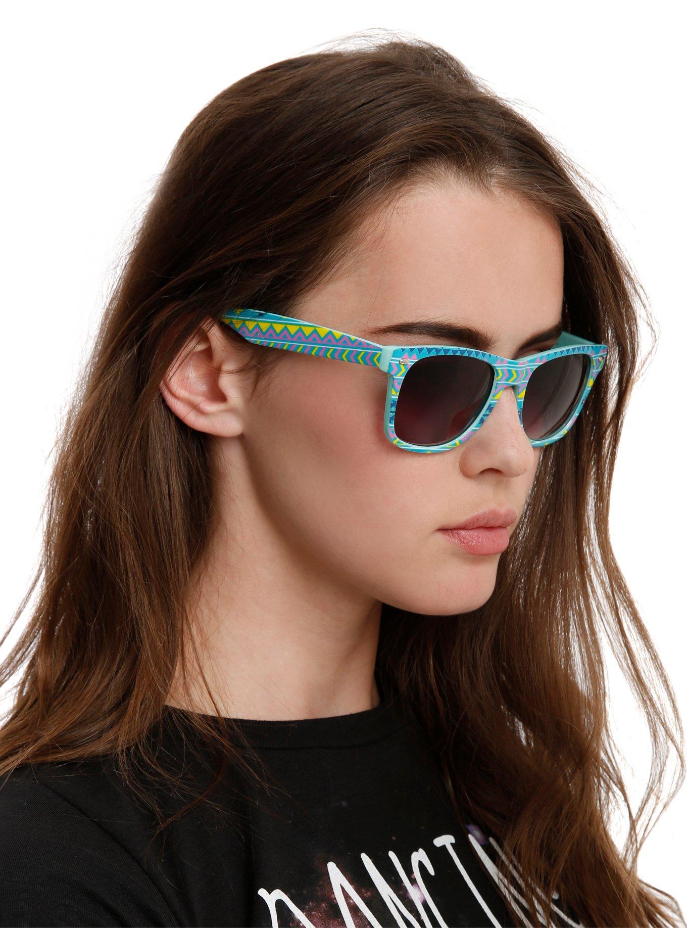 Mint Neon Native Print Retro Sunglasses, , hi-res