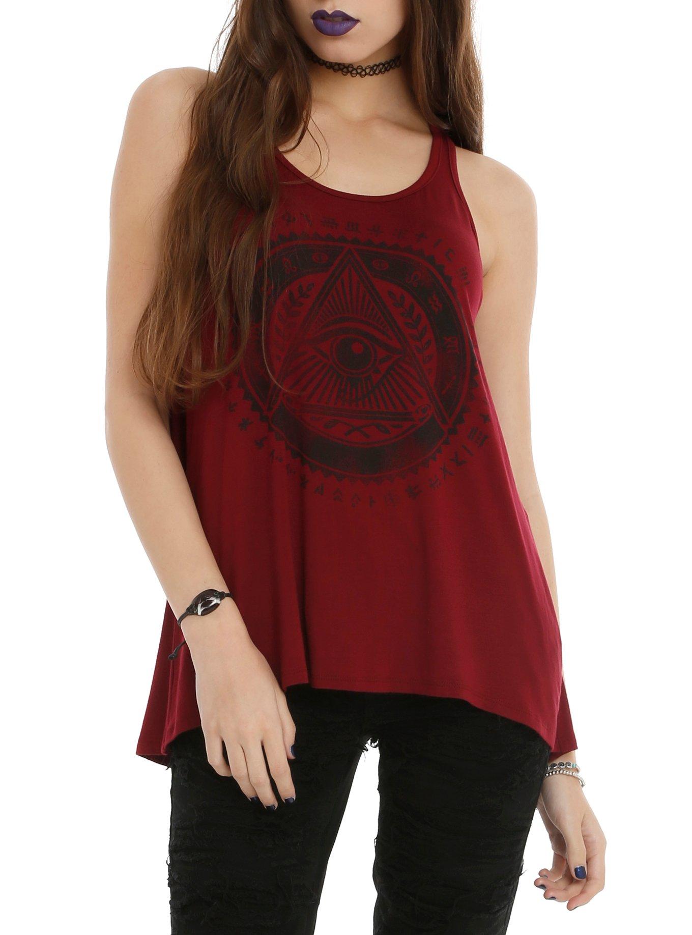 Burgundy Abstract Eye Girls Tank Top, RED, hi-res