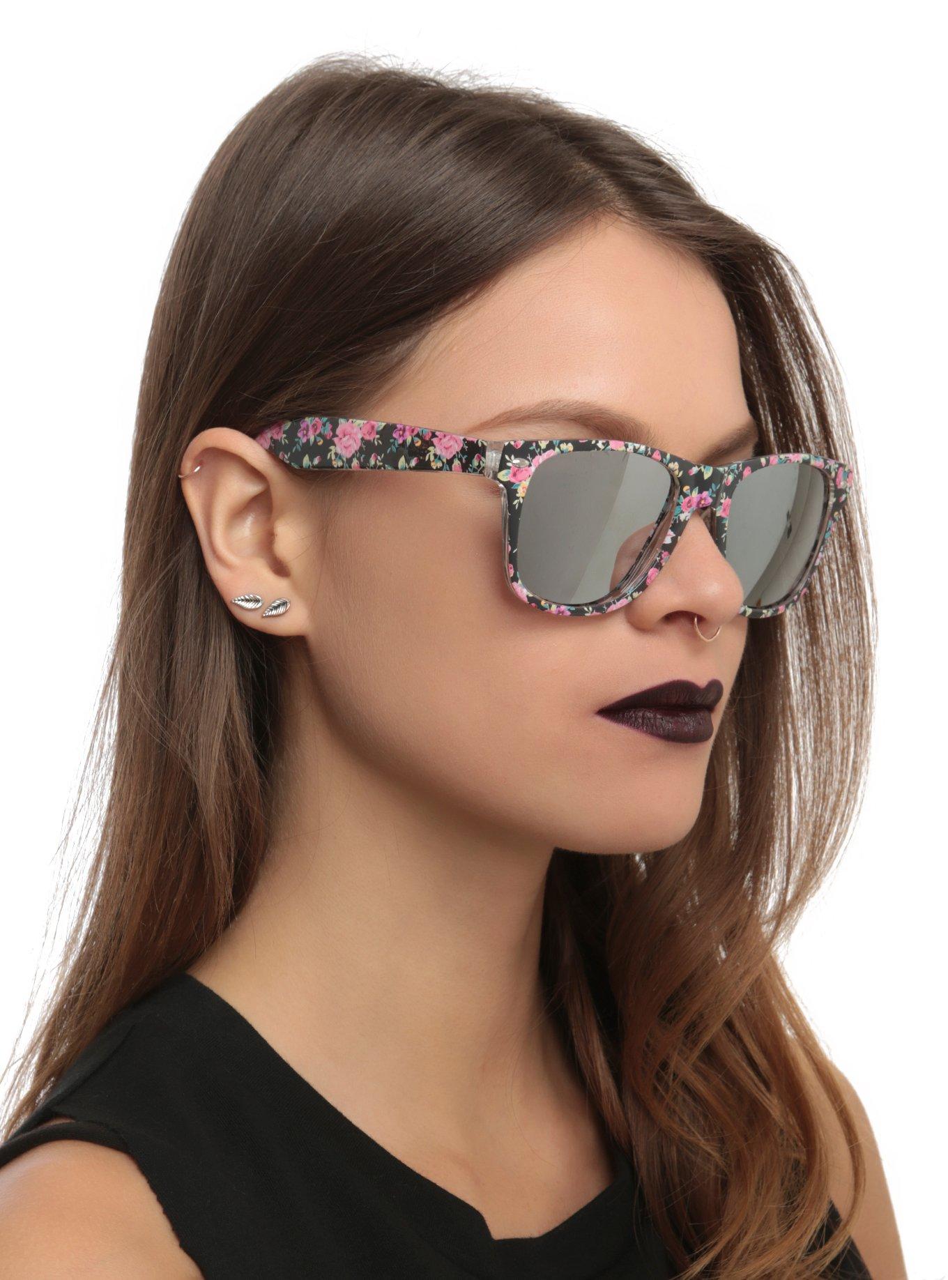Floral Print Retro Mirror Lens Sunglasses, , hi-res