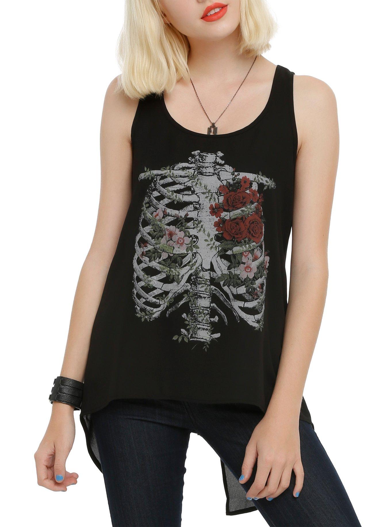 Floral Rib Cage Hi-Lo Girls Top, BLACK, hi-res