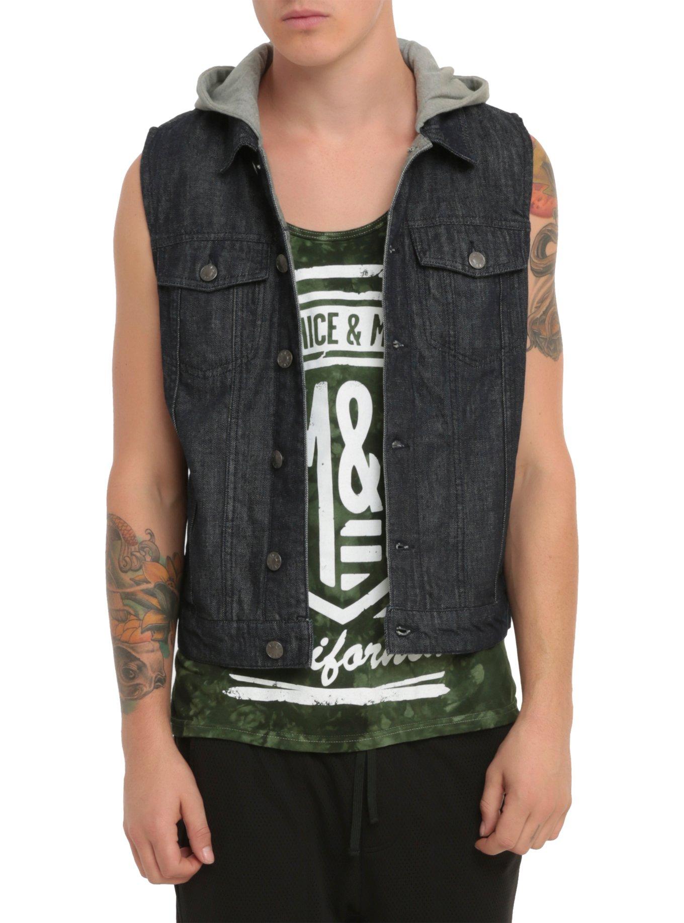 Dark Blue Denim Hooded Vest, , hi-res