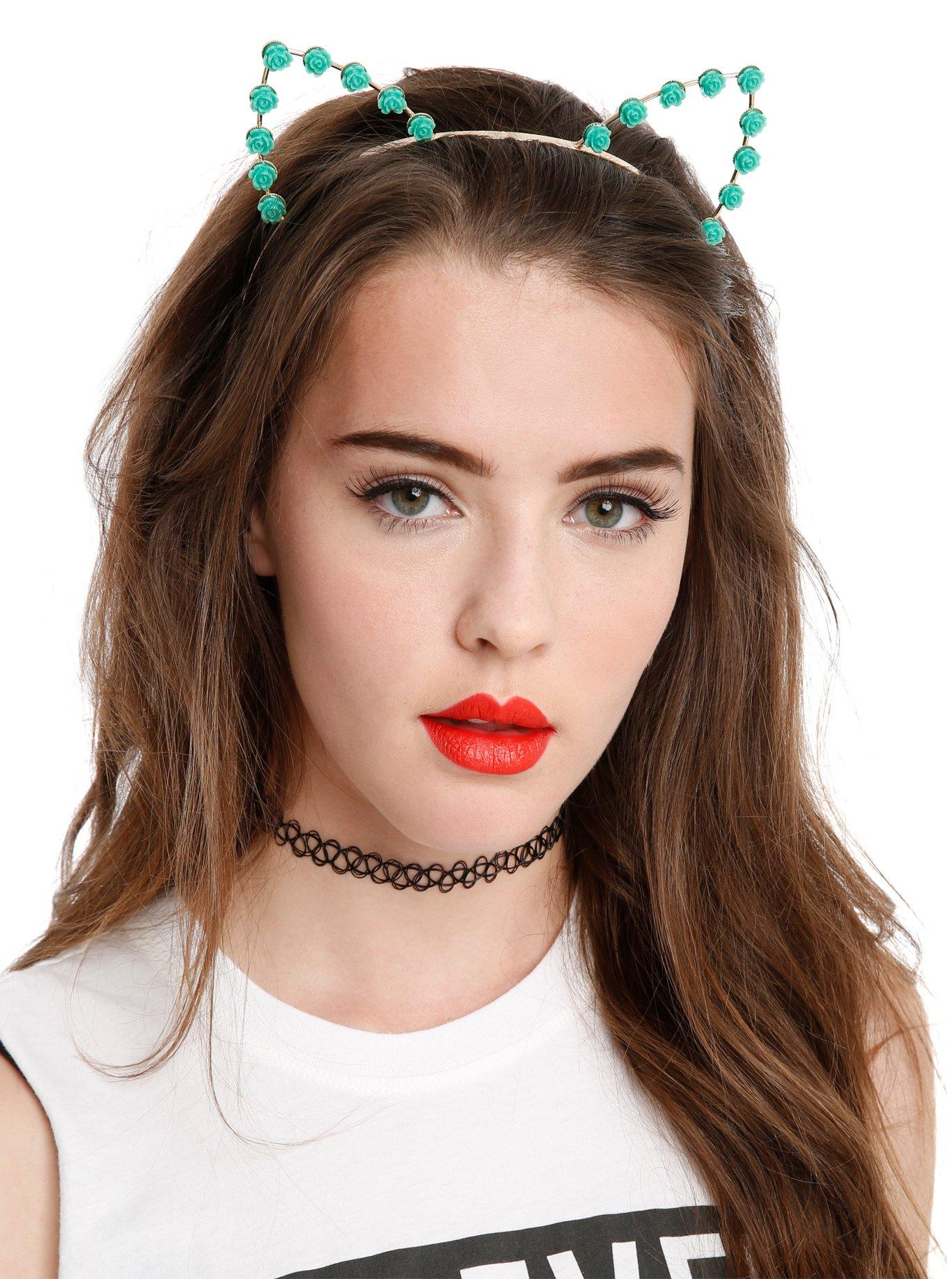 Mint Rose Cat Ears Headband, , hi-res