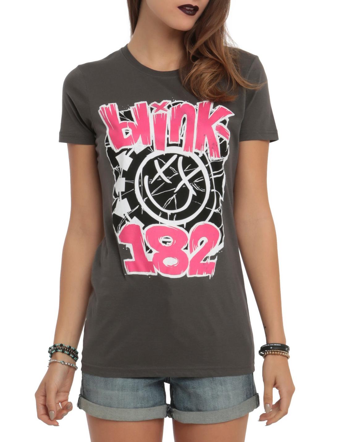 Blink-182 Pink & Black Smiley Girls T-Shirt, CHARCOAL, hi-res