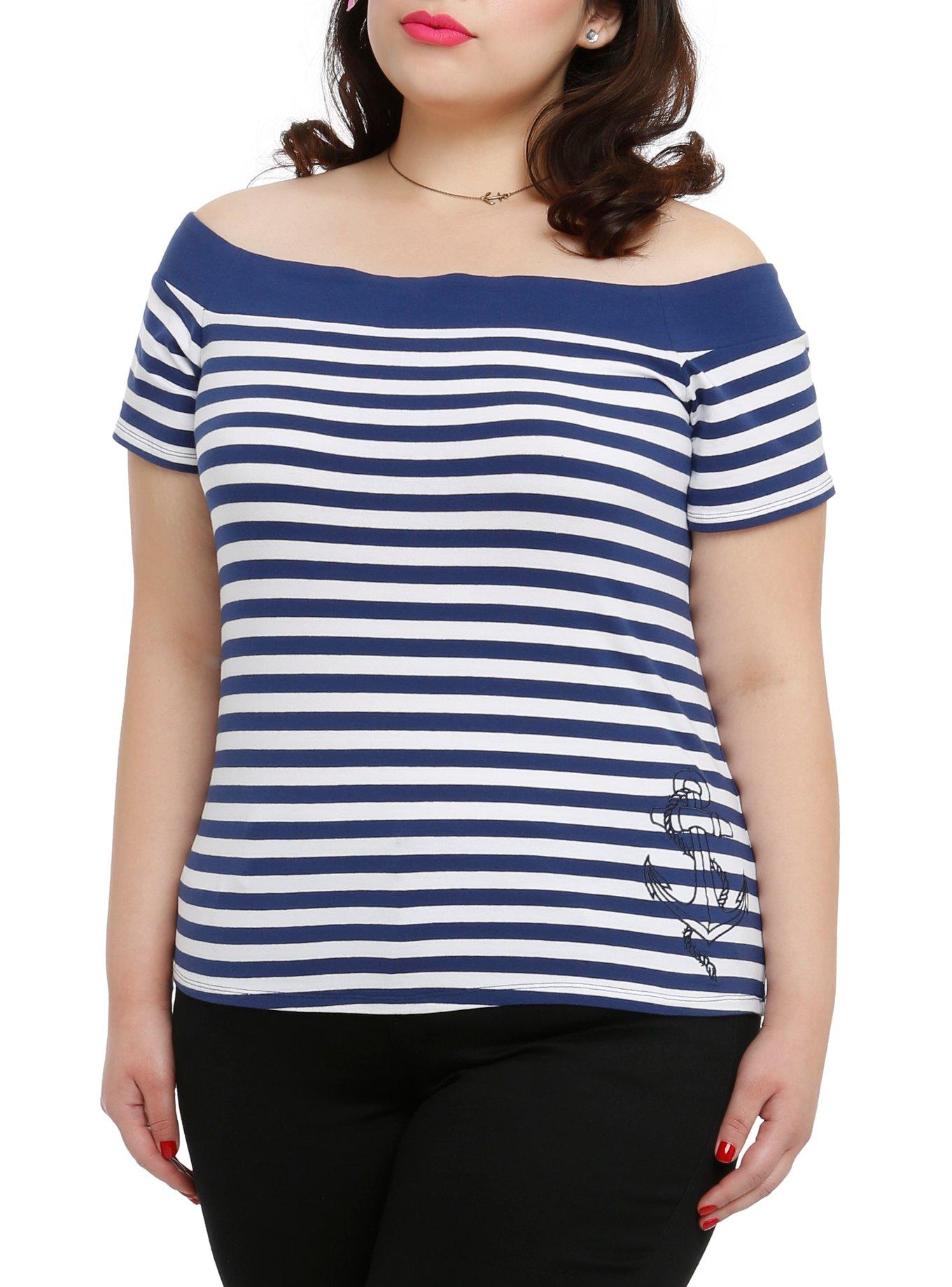 Navy & White Anchor Sailor Girls Top Plus Size, BLACK, hi-res