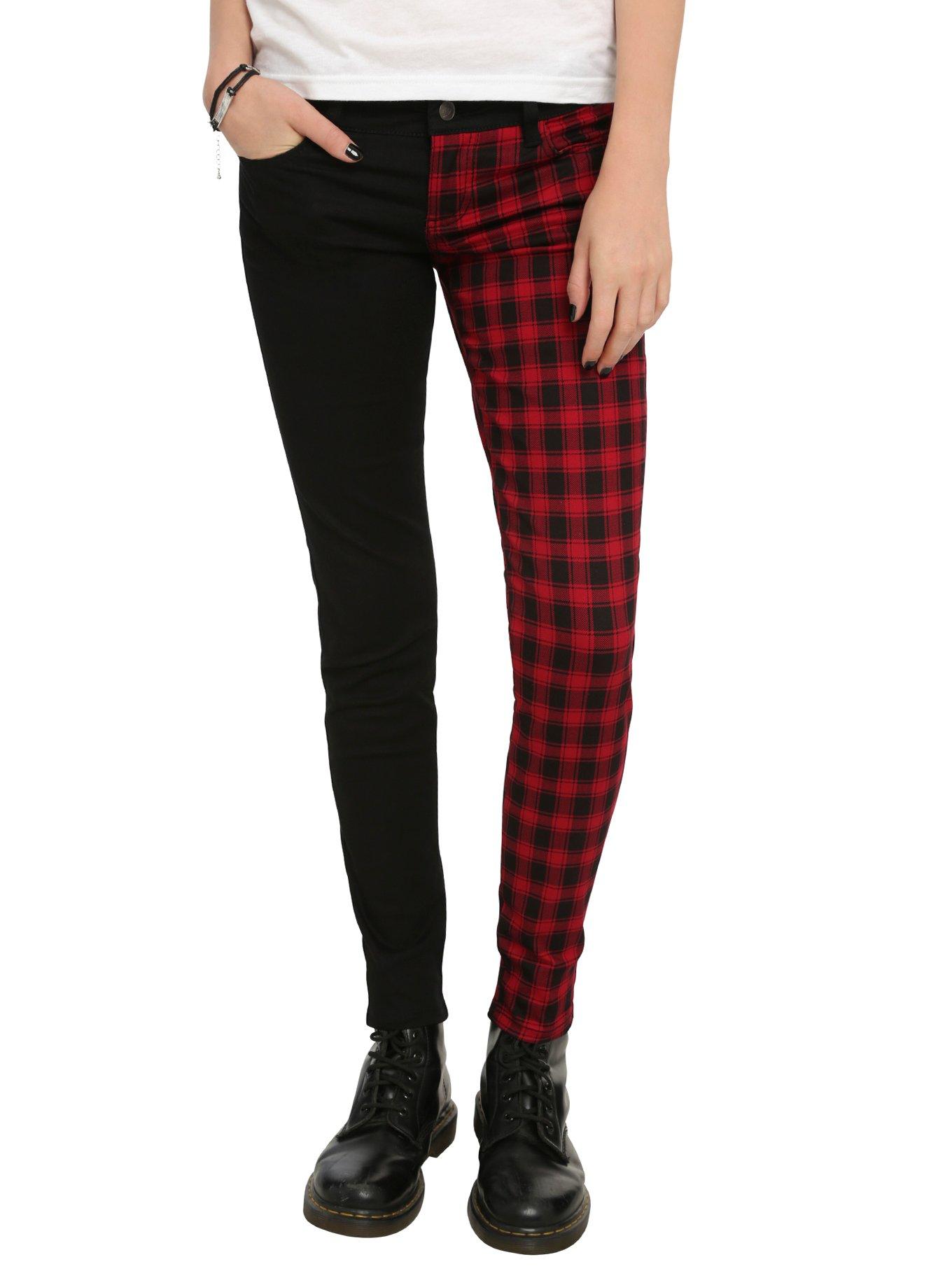 Royal Bones By Tripp Black & Red Buffalo Check Split Leg Skinny Jeans, RED, hi-res