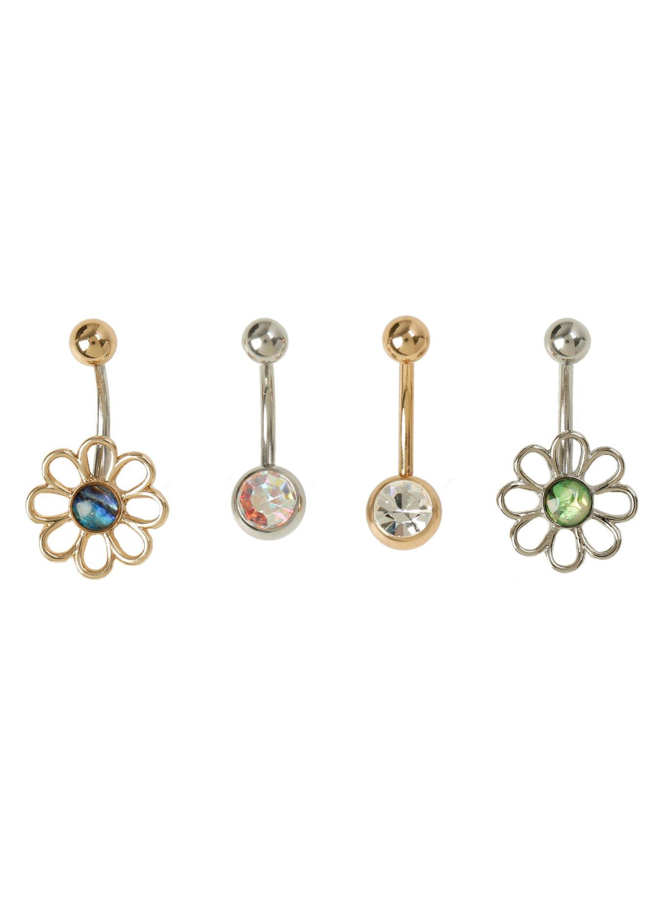 14G Steel Daisy Opal CZ Navel Barbell 4 Pack, , hi-res