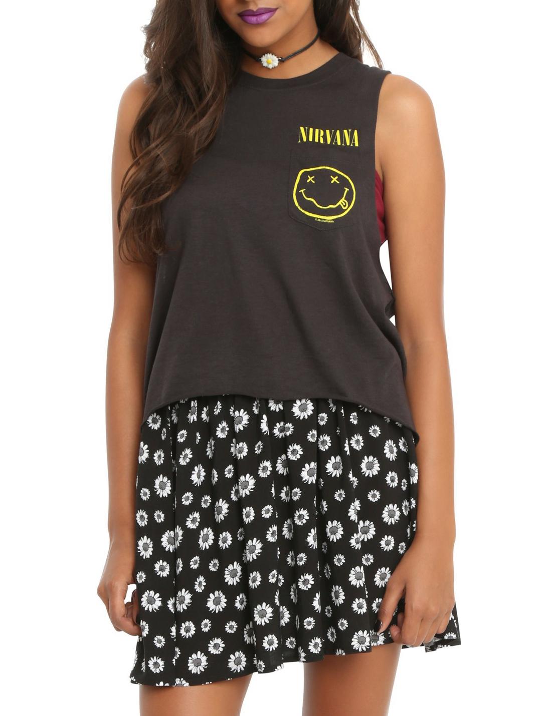 Nirvana Smiley Pocket Girls Crop Muscle Top, BLACK, hi-res