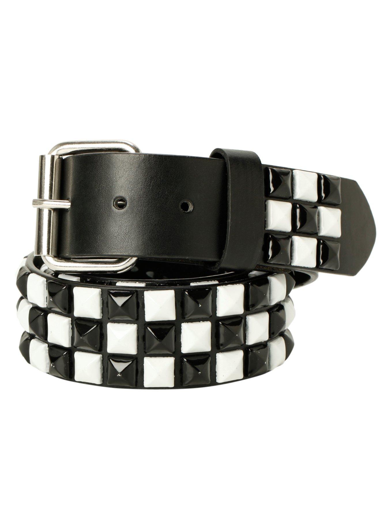 Black & White Checkered Pyramid Stud Belt, BLACK, hi-res