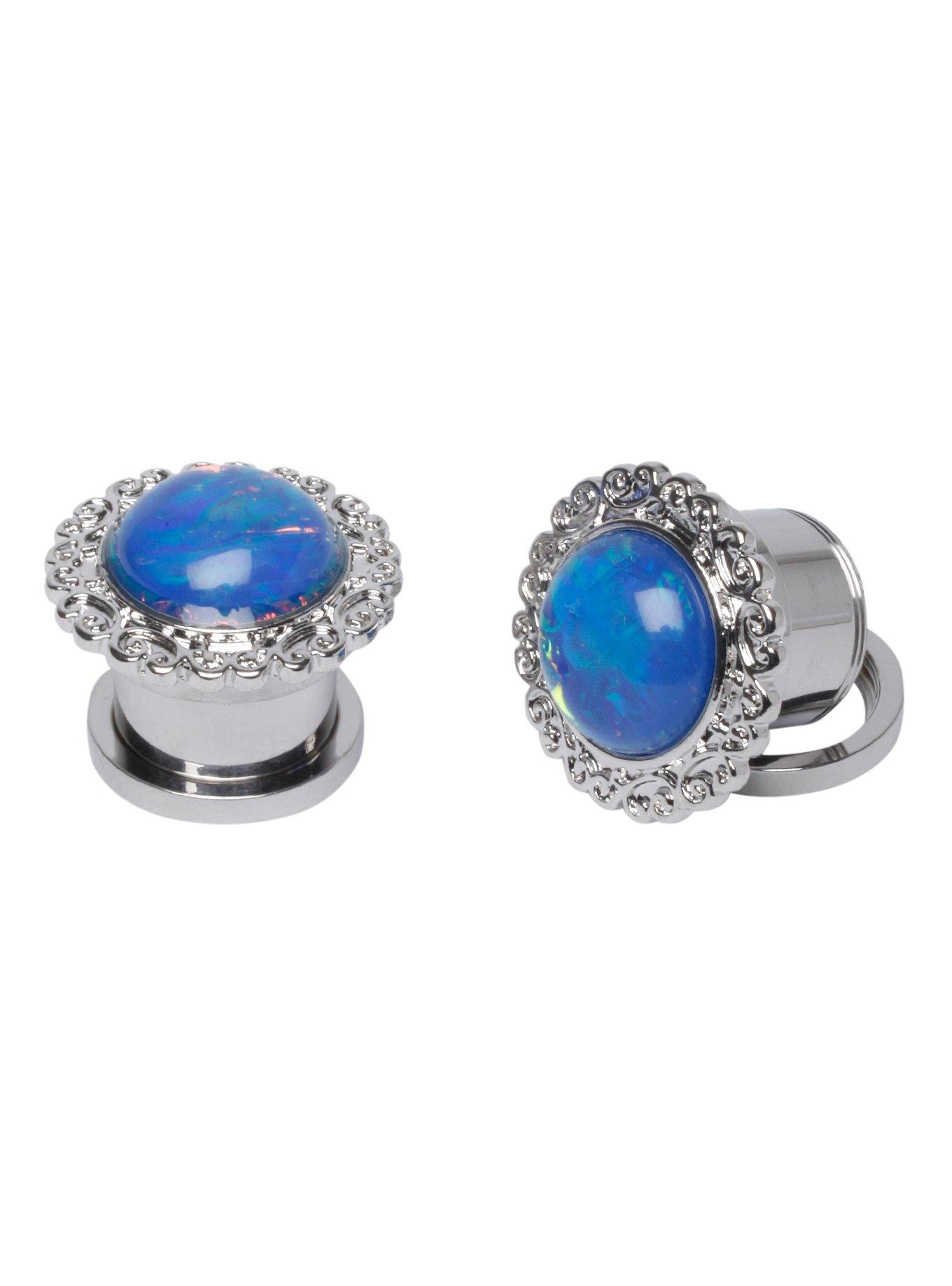Steel Blue Iridescent Opal Filigree Spool Plugs 2 Pack, , hi-res