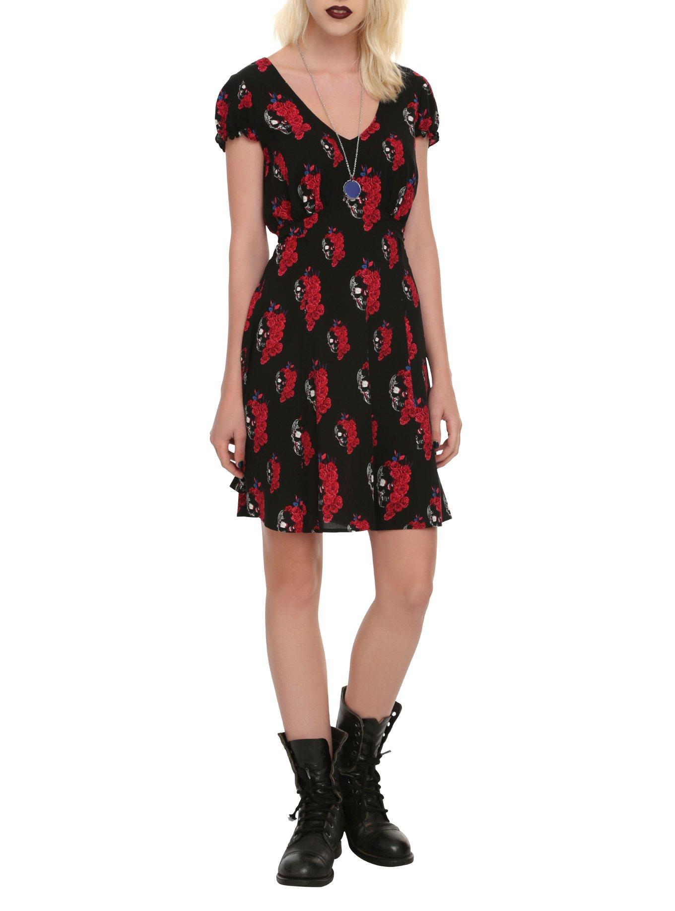 Royal Bones By Tripp Red & Black Floral Skull Dress, RED, hi-res