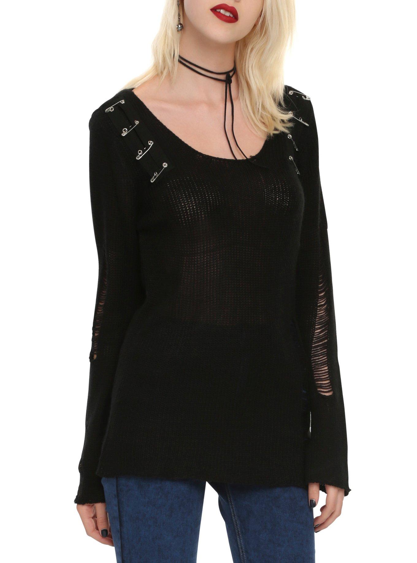 Royal Bones By Tripp Safety Pin Destructed Girls Sweater, BLACK, hi-res