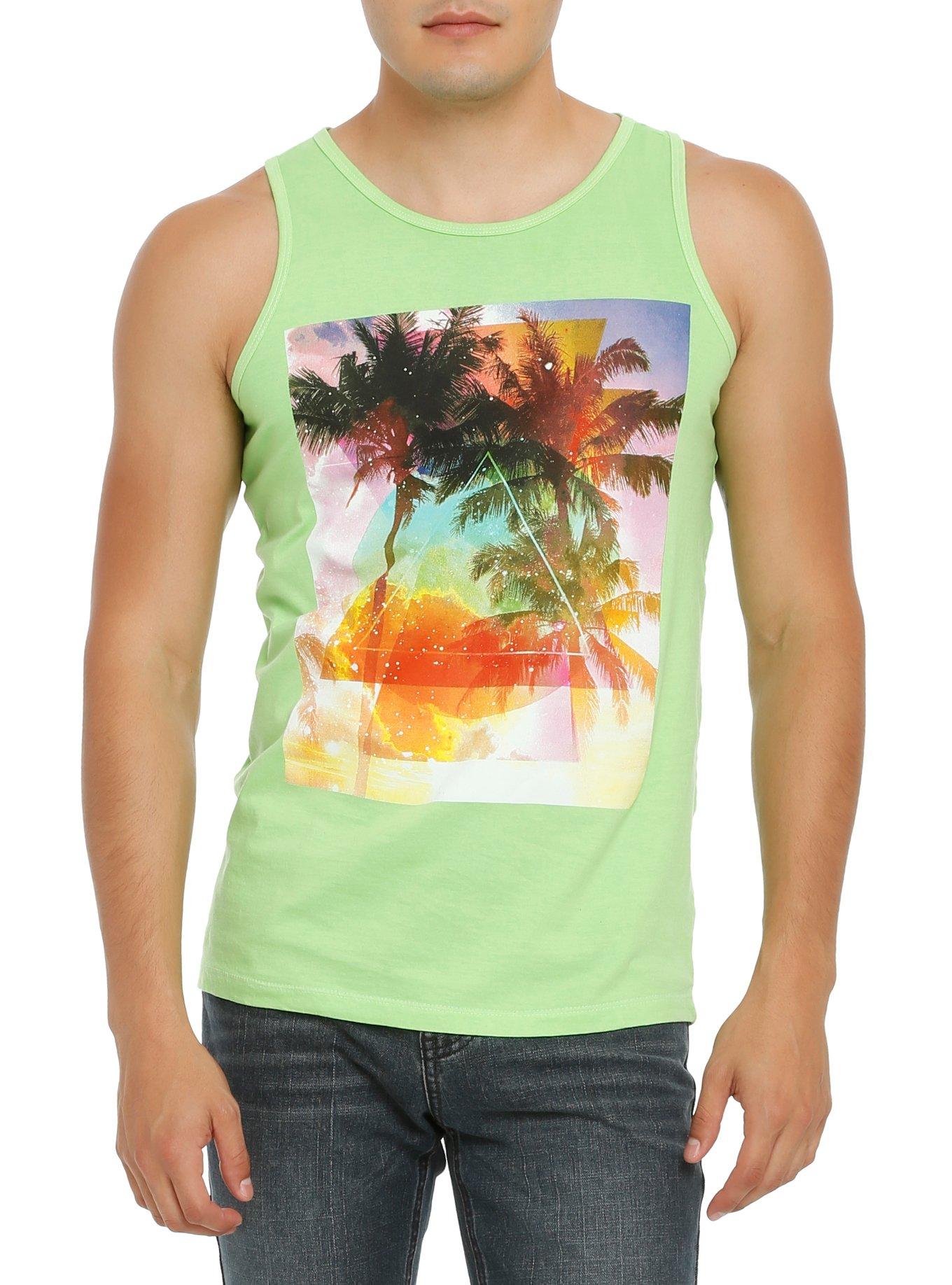 Neon Green Palm Trees Tank Top, BLACK, hi-res