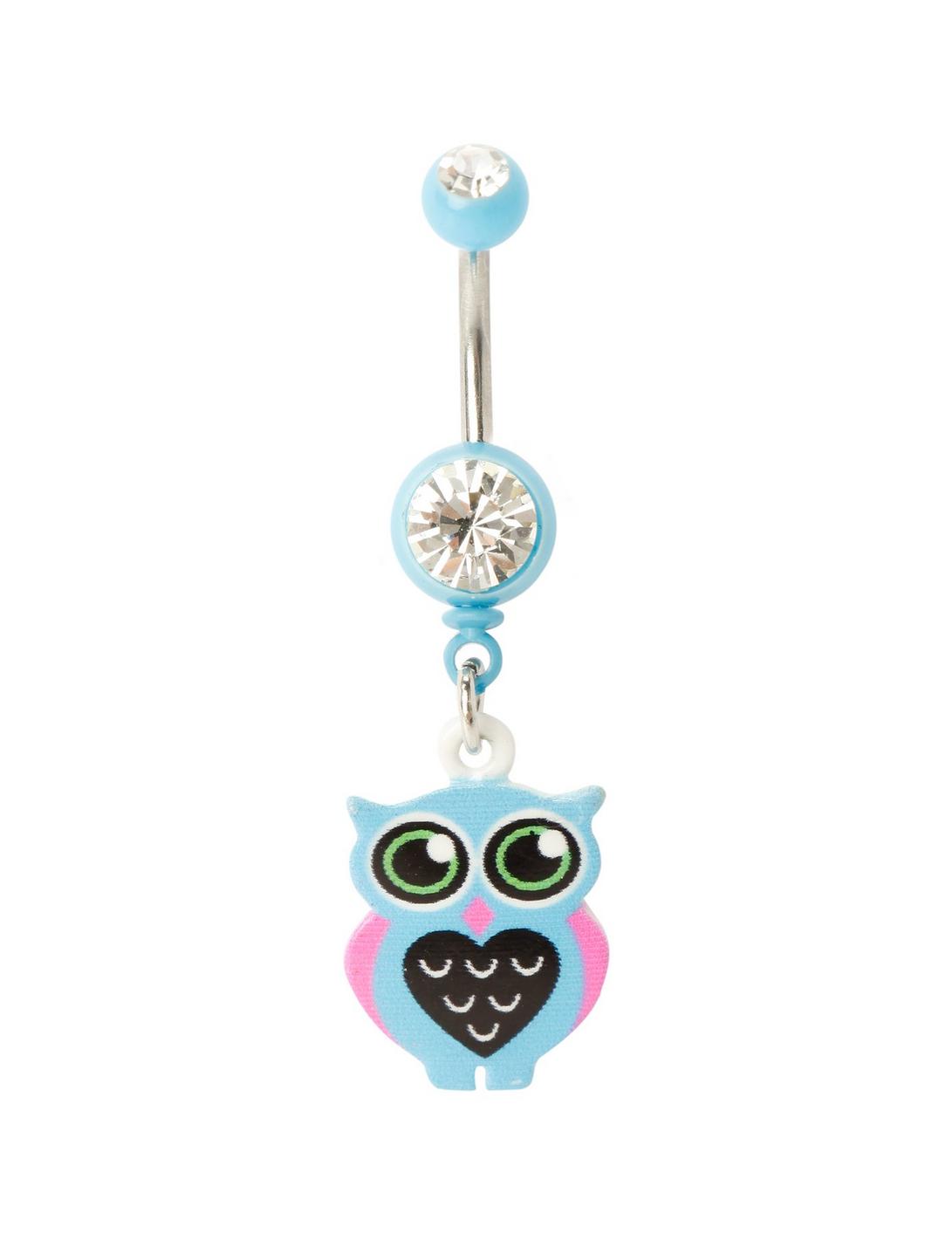 14G Steel Turquoise Owl Navel Barbell, , hi-res