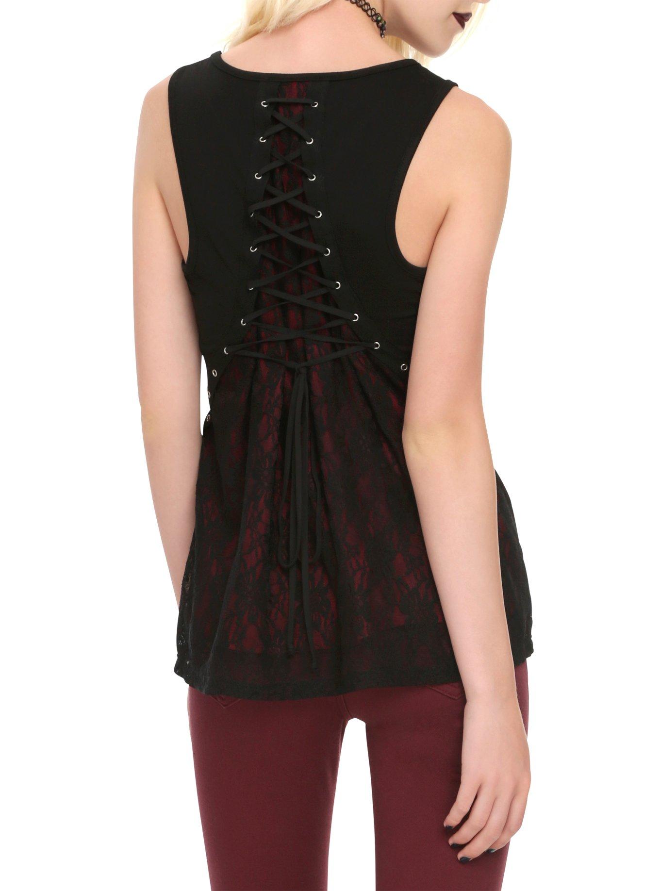 Black & Burgundy Lace Grommet Girls Tank Top, BLACK, hi-res