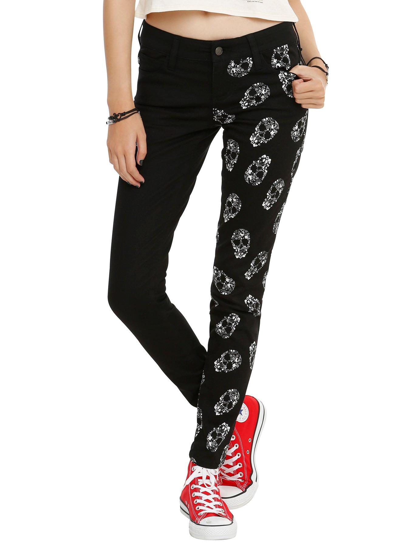 Royal Bones By Tripp Black And White Floral Skull Split Leg Skinny Jeans Hot Topic 9794