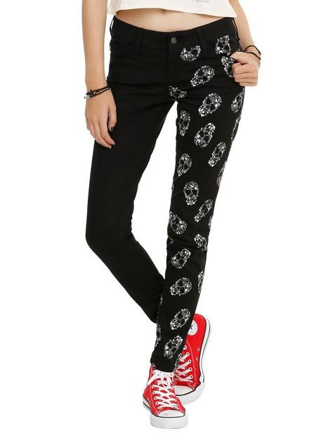 Royal Bones By Tripp Black & White Floral Skull Split Leg Skinny