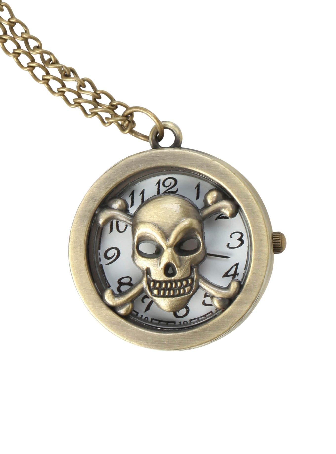 LOVEsick Burnished Gold Skull Pocket Watch Necklace, , hi-res