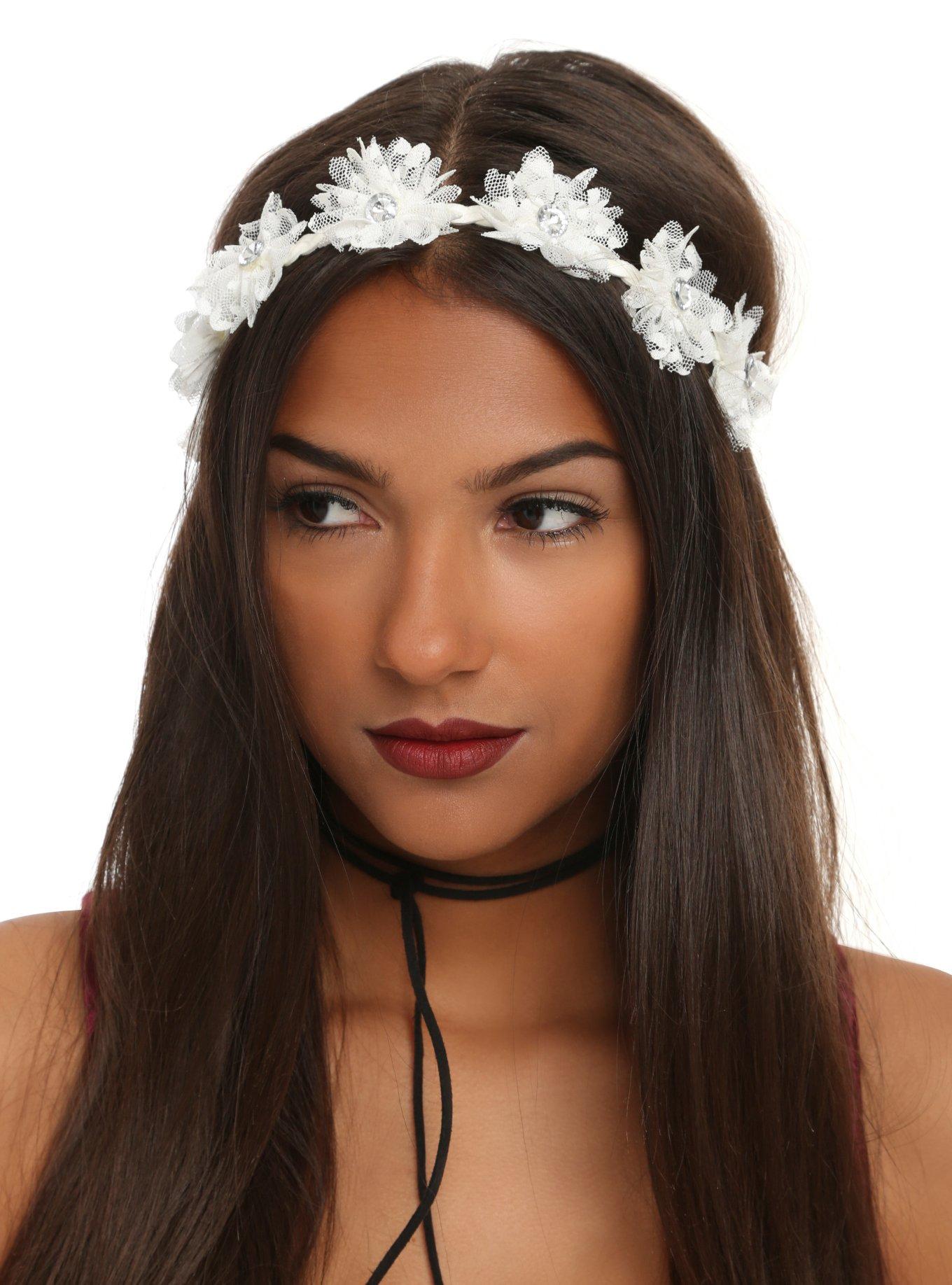 White Lace Flower Stretchy Headband, , hi-res