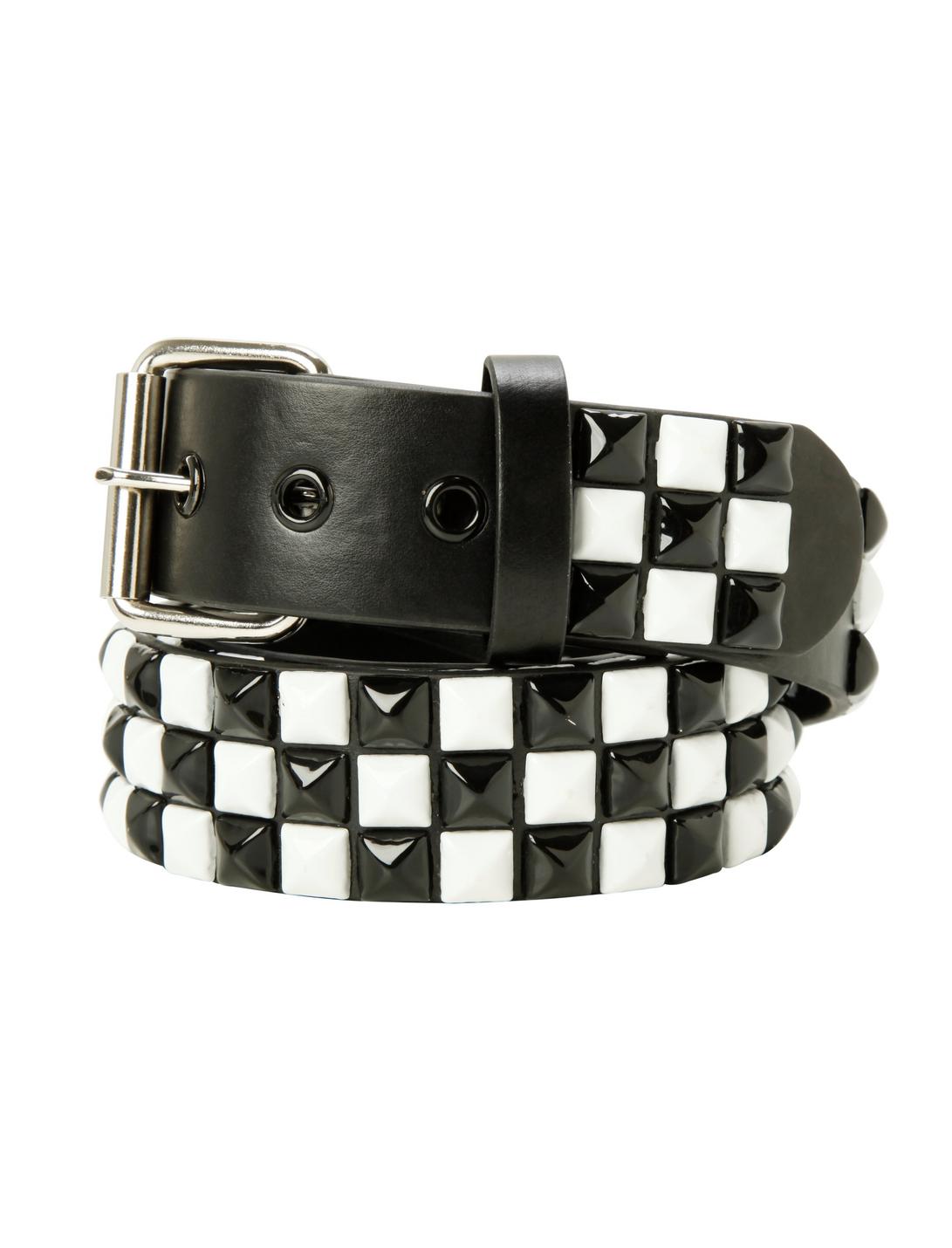 Black & White Checkered Pyramid Stud Belt, , hi-res