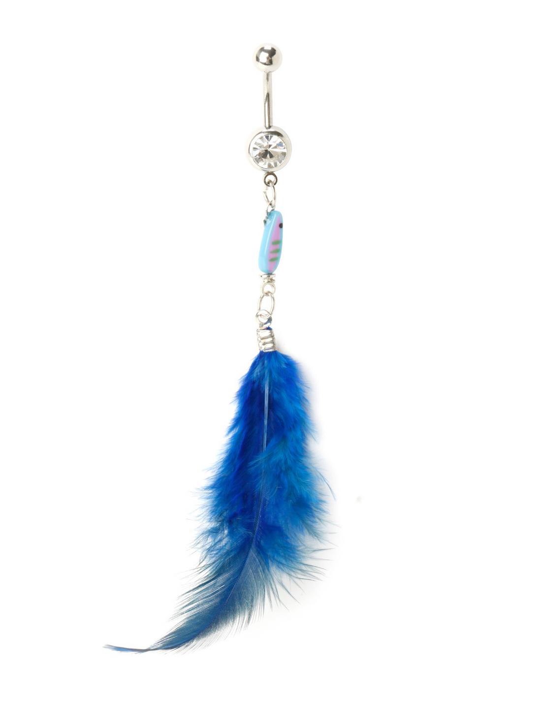 14G Steel Clear CZ Blue Feather Navel Barbell, , hi-res