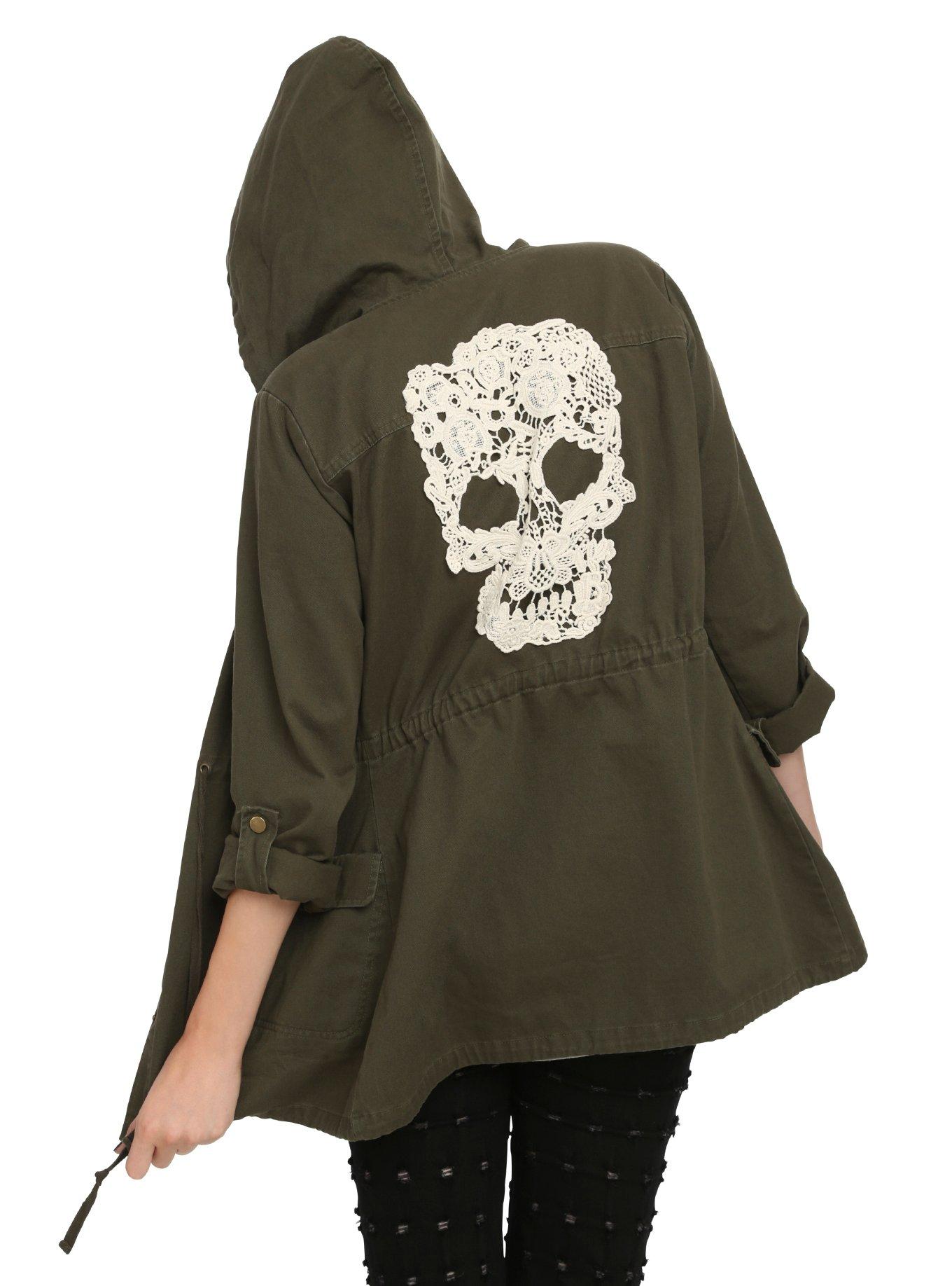 Green Skull Applique Girls Anorak Jacket, OLIVE, hi-res