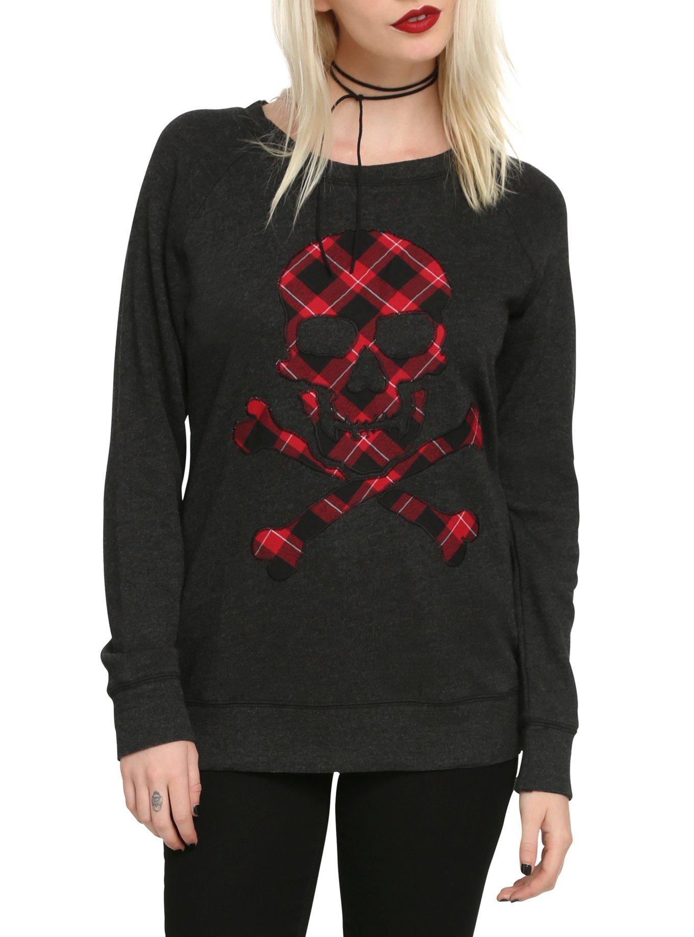 Grey & Red Plaid Skull Girls Pullover Top, BLACK, hi-res