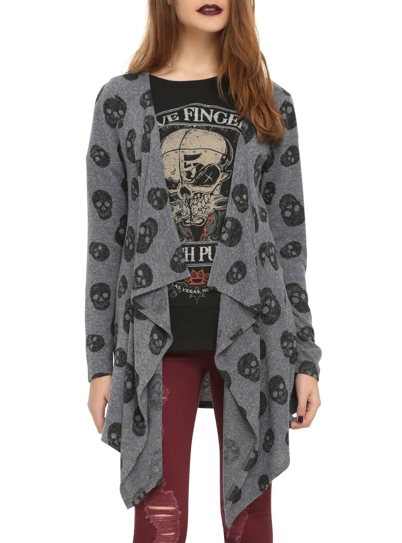 Grey & Black Skull Hacci Girls Flyaway Cardigan, HEATHER GREY, hi-res