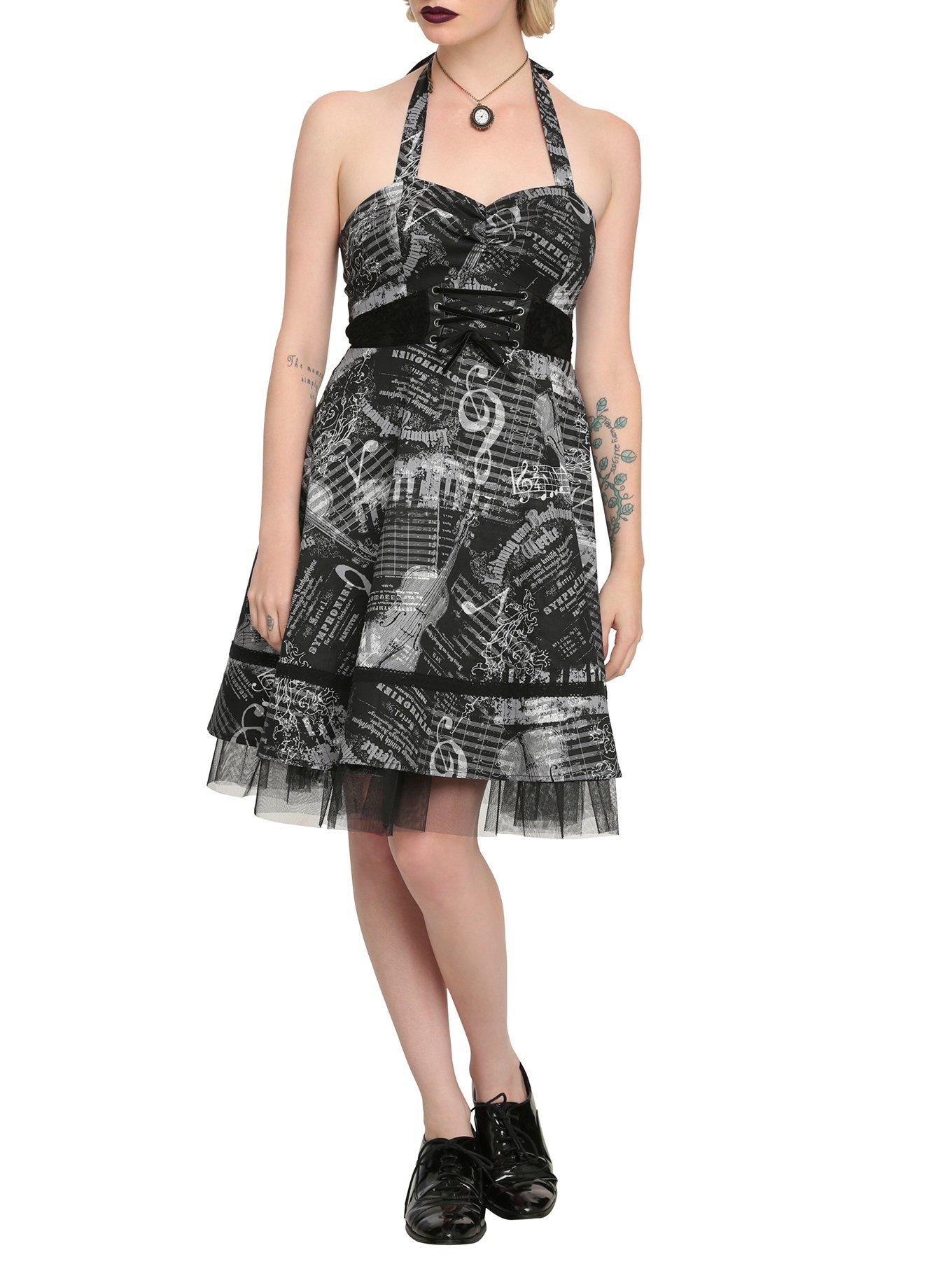 Black & Grey Music Note & Piano Dress, BLACK, hi-res