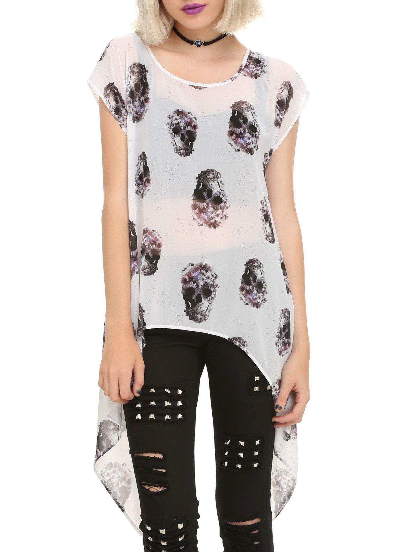 Skull Chiffon Open Back Top, WHITE, hi-res