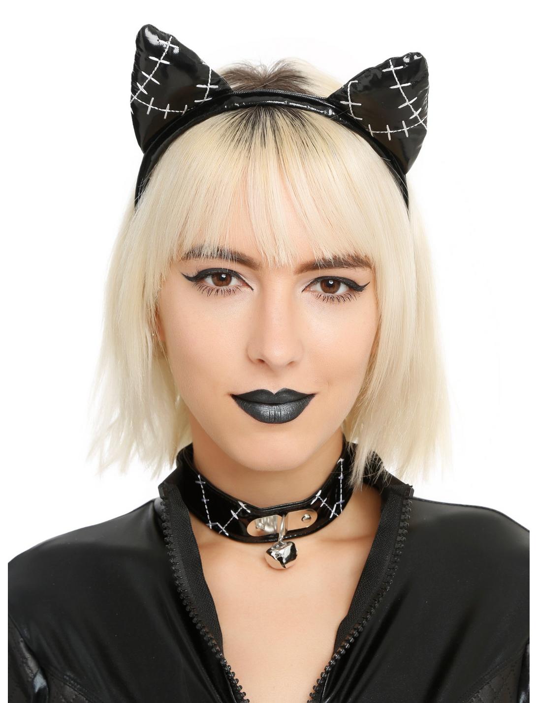 Black Patent Cat Ears And Choker Set, , hi-res
