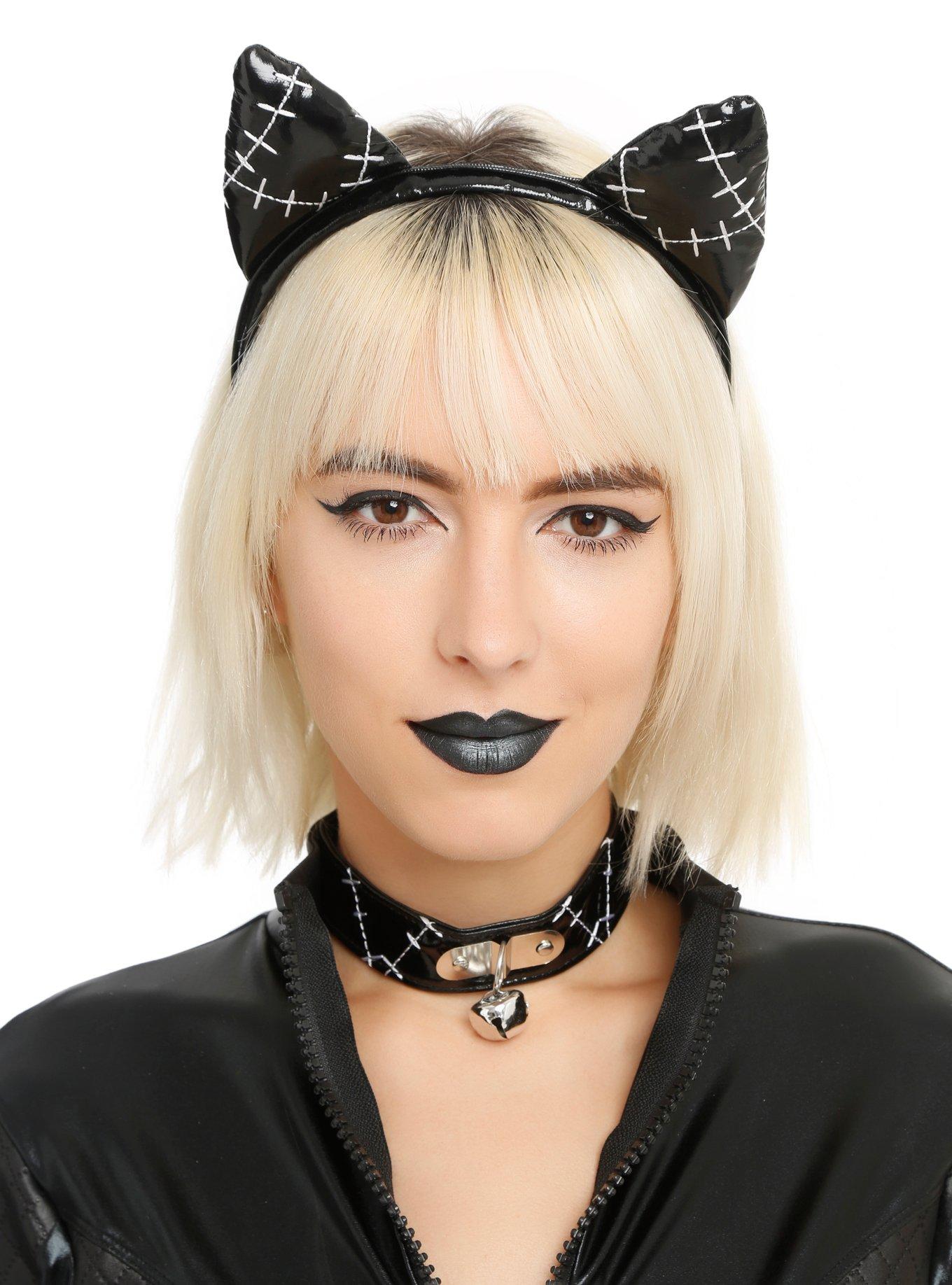 Black Patent Cat Ears And Choker Set, , hi-res