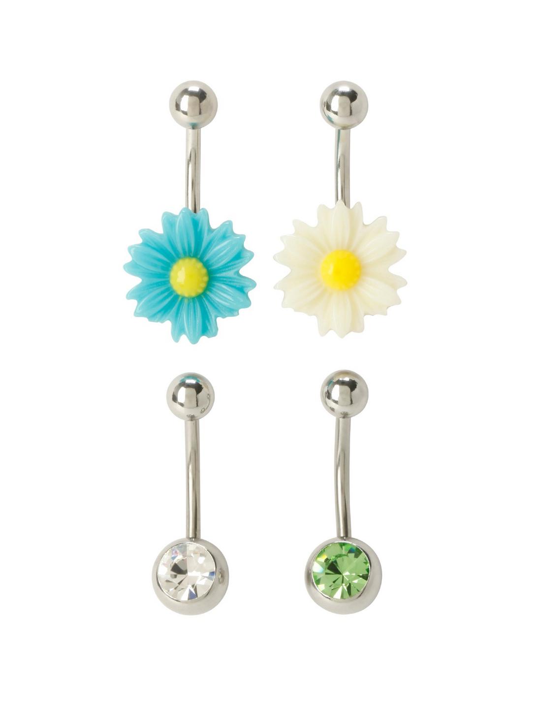 14G Steel White Blue Daisy Green Clear CZ Navel Barbell 4 Pack, , hi-res