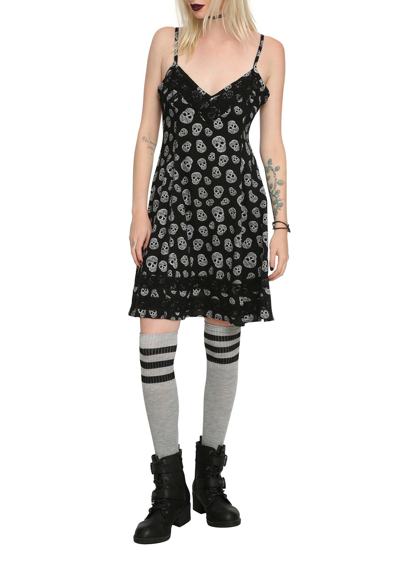 Black & White Skull Lace Dress, BLACK, hi-res