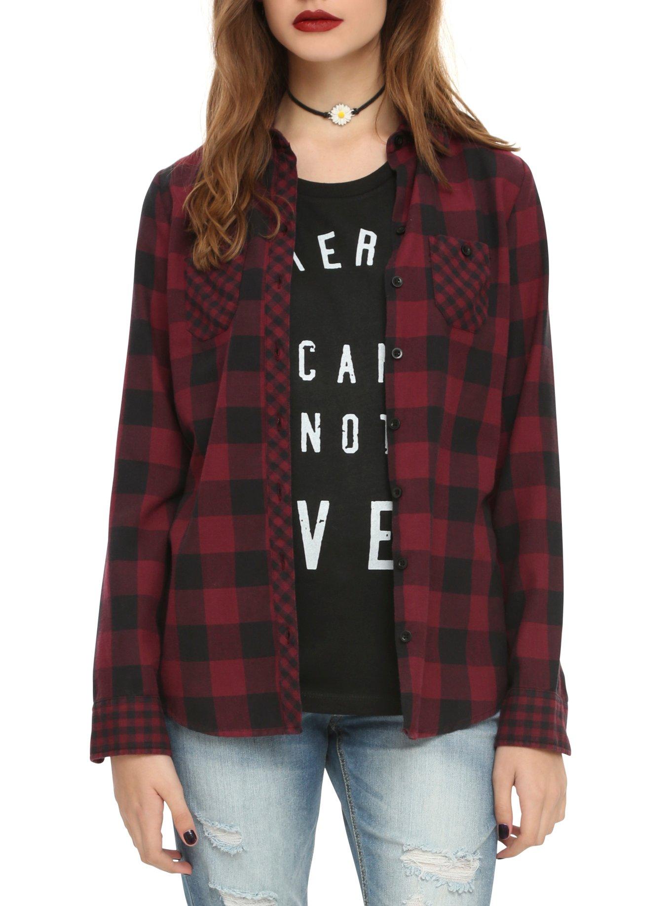 Burgundy & Black Buffalo Check Skull Top, RED, hi-res