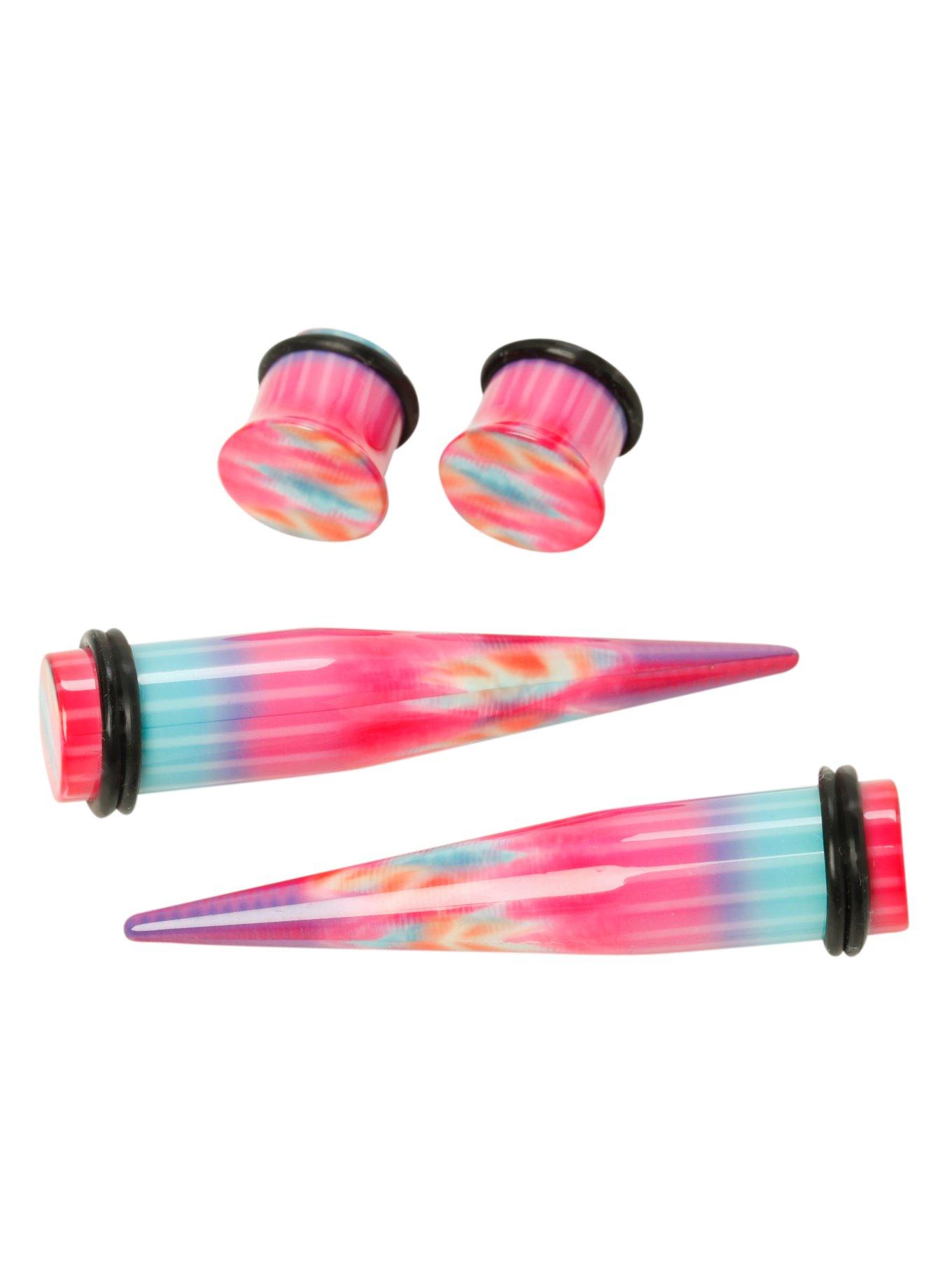 Acrylic Teal Pink Purple Tie Dye Taper And Plug 4 Pack, , hi-res