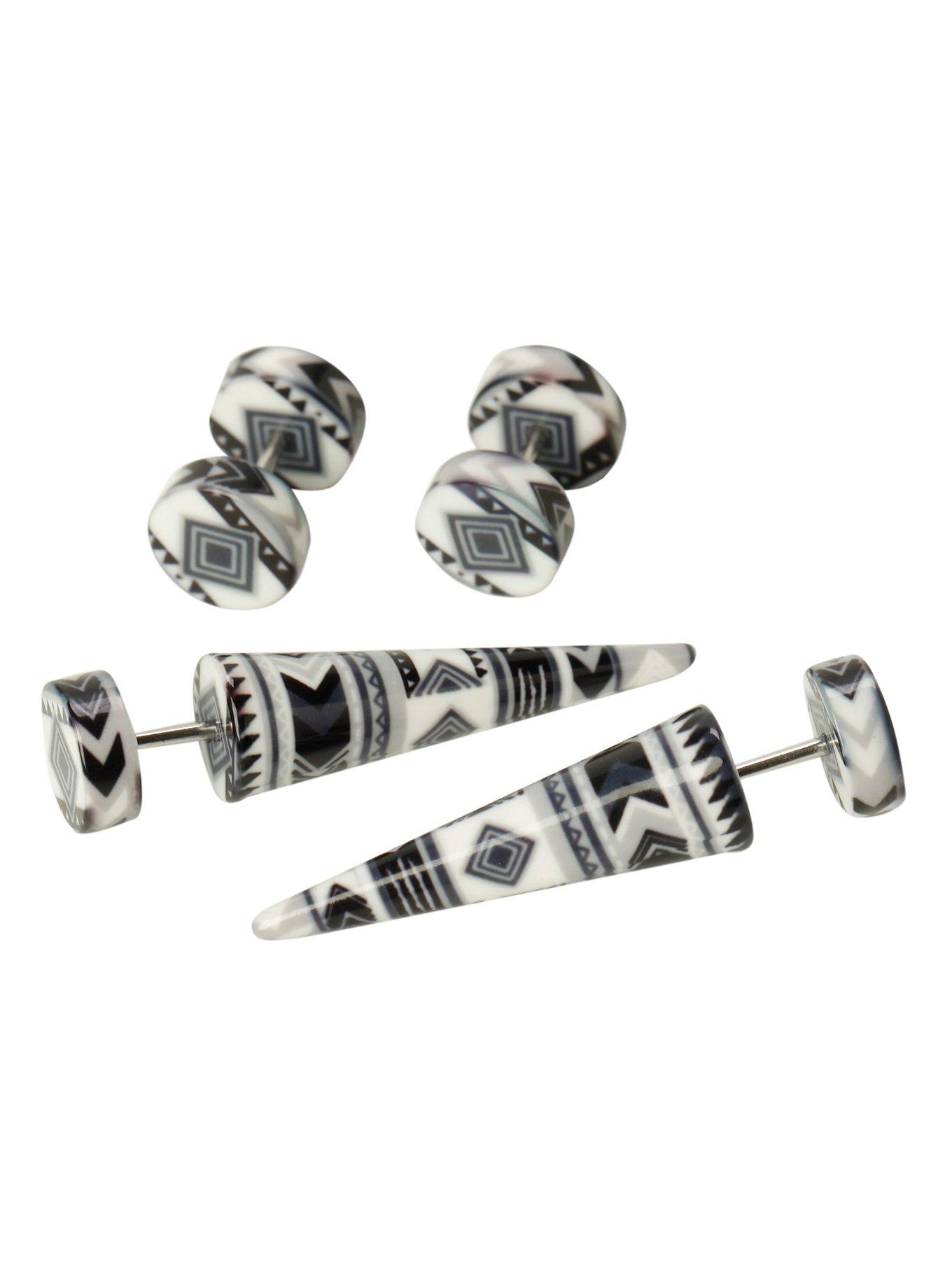 Black & White Aztec Faux Plug & Taper 4 Pack, , hi-res