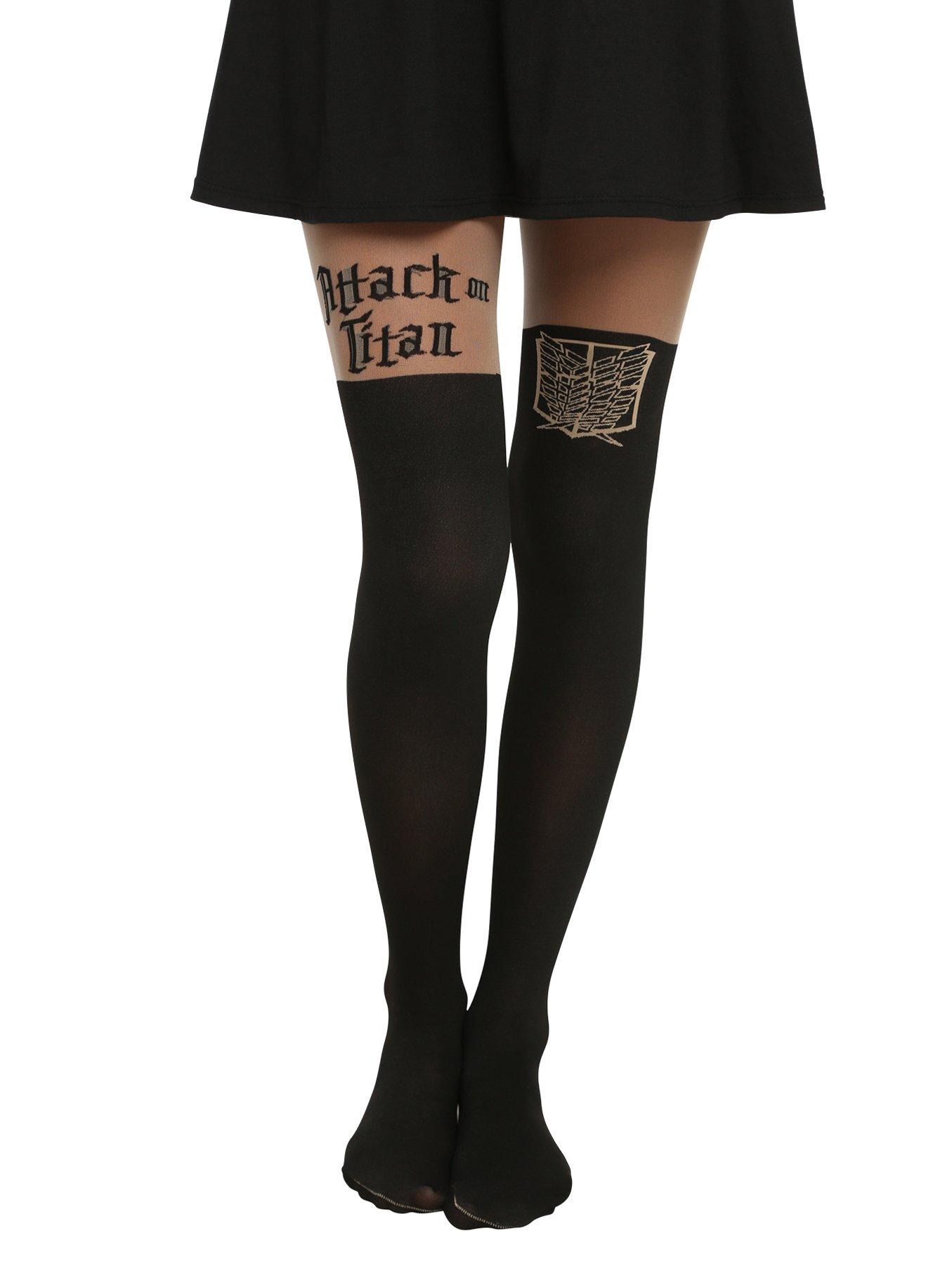 Attack On Titan Logo & Shield Faux Thigh High Tights, BLACK, hi-res