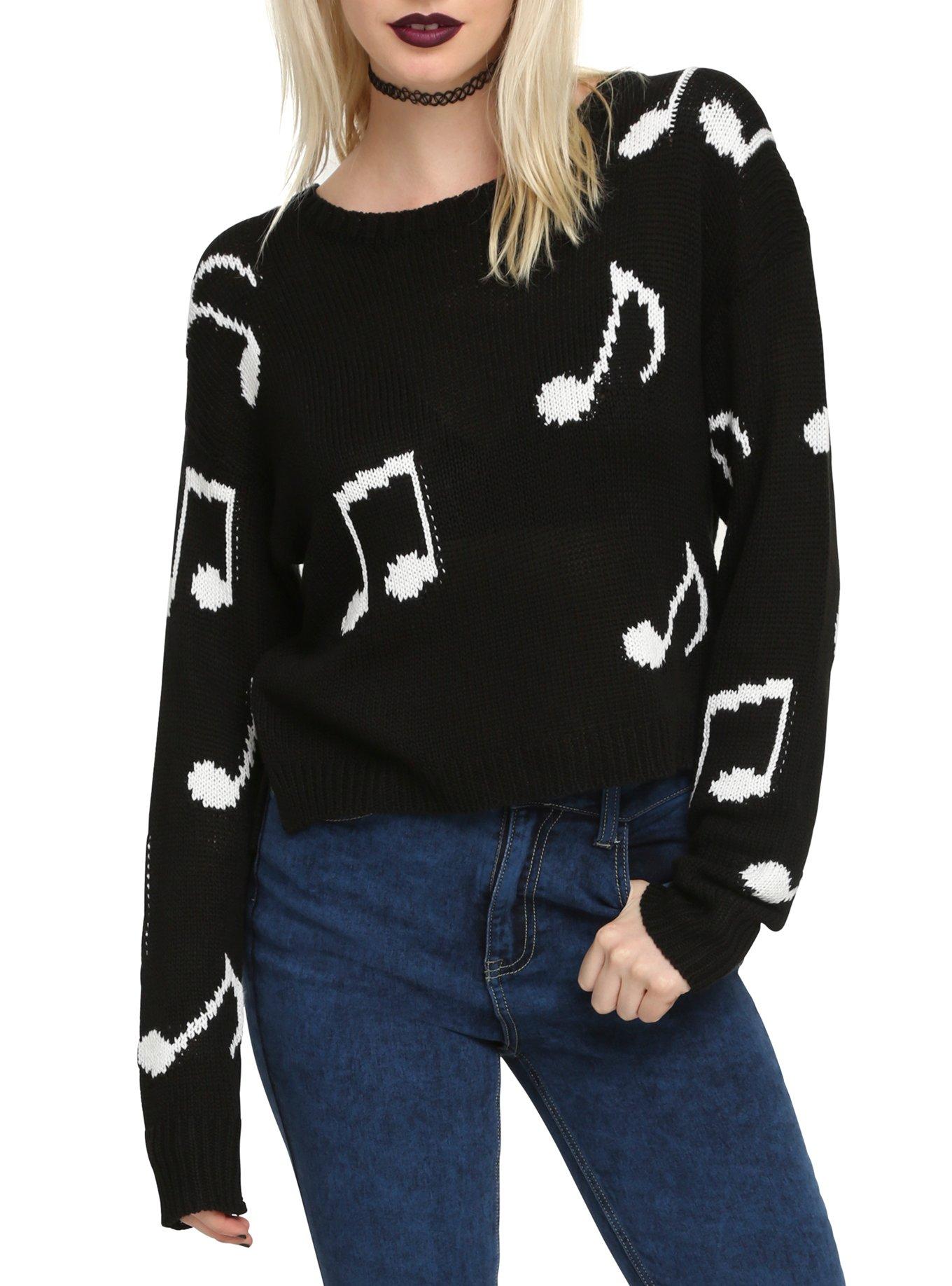 Black & White Music Note Girls Sweater, BLACK, hi-res