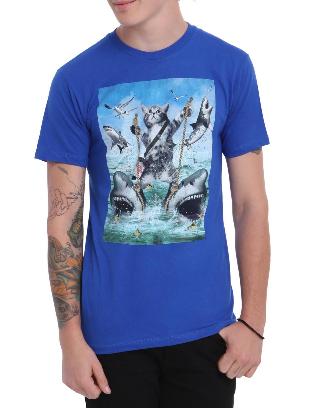 Cat Riding Sharks T-Shirt, BLACK, hi-res
